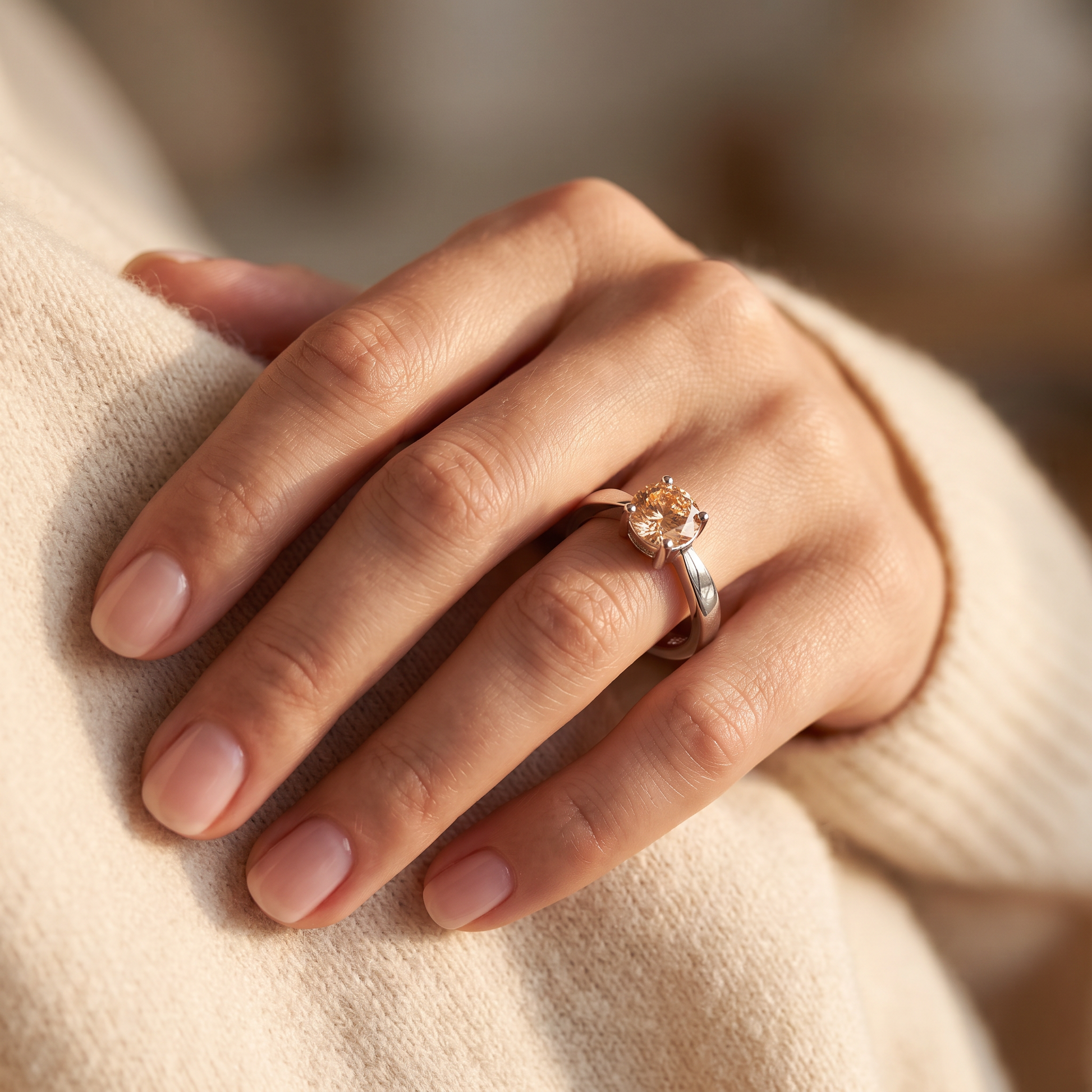 Sterling Silver 6mm Round Champaign CZ Ring worn on a woman's hand in warm window light