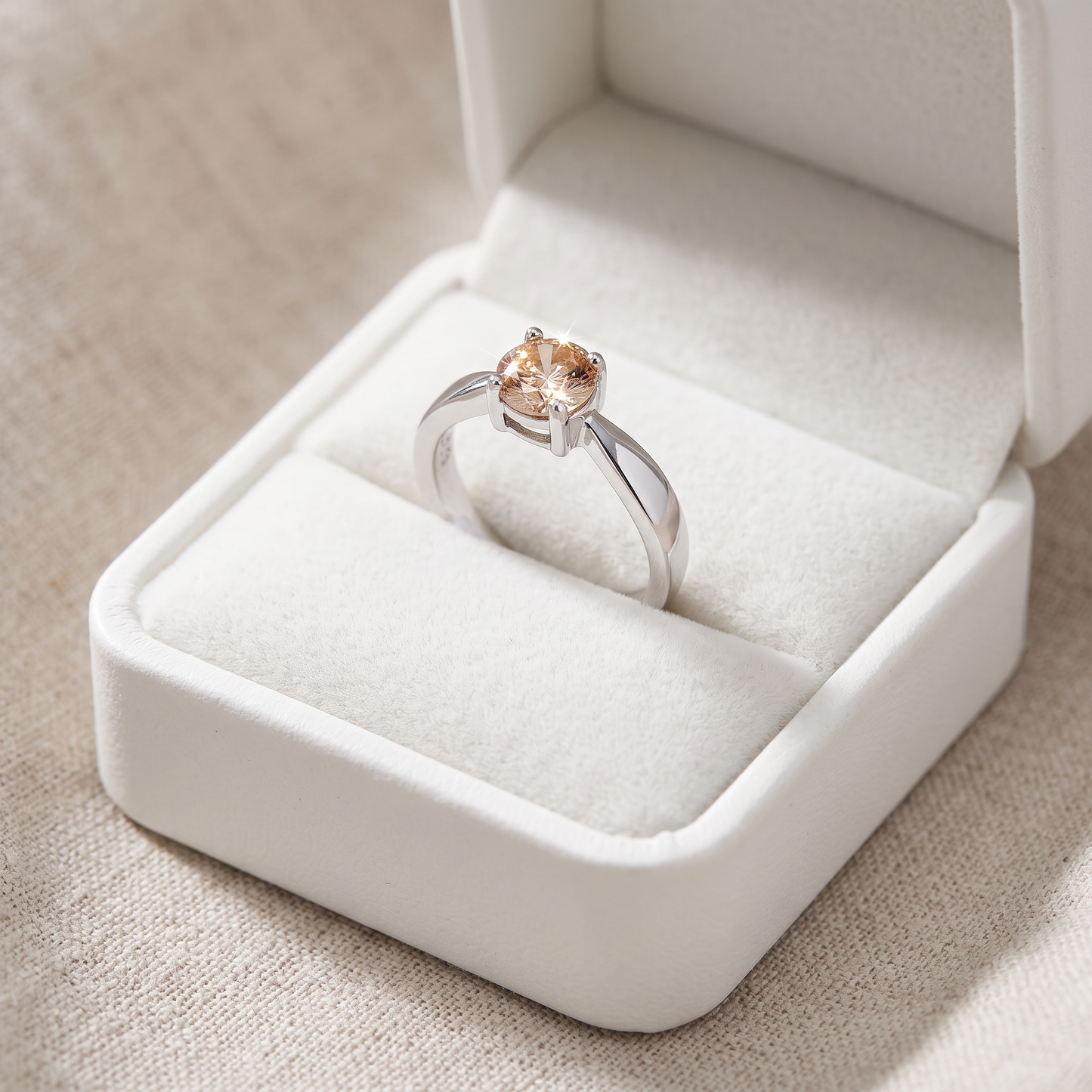 Sterling Silver 6mm Round Champaign CZ Ring in a white gift box, 6mm round champaign cz gift for her