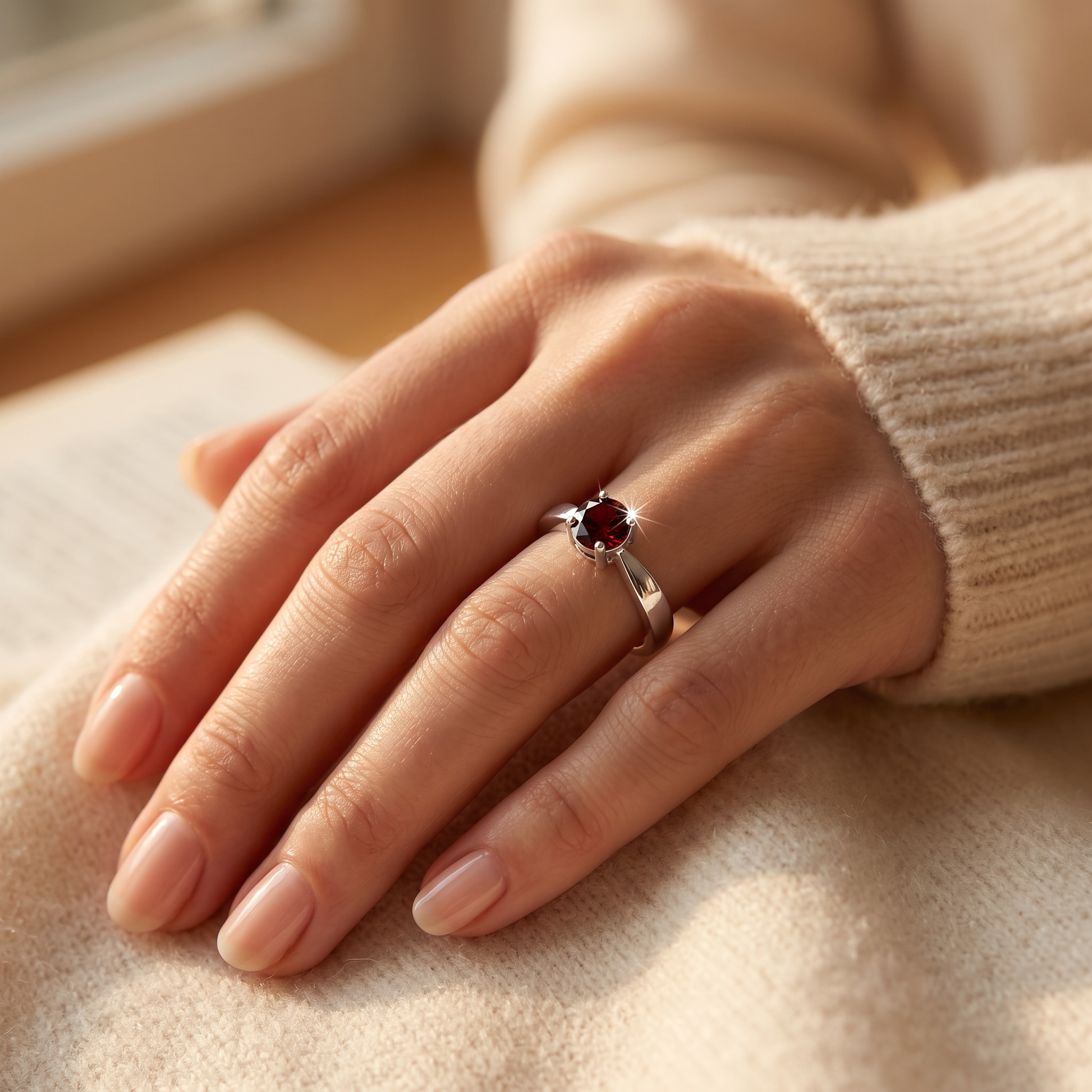 Sterling Silver 6mm Round Dark Garnet CZ Ring worn on a woman's hand in warm window light