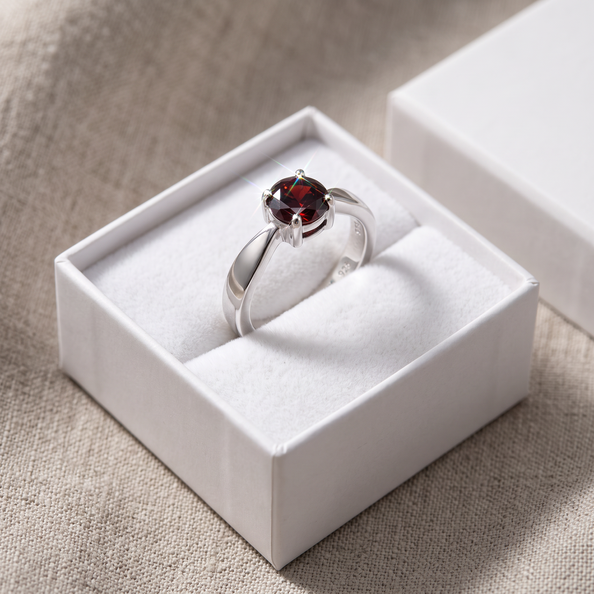 Sterling Silver 6mm Round Dark Garnet CZ Ring in a white gift box, 6mm round dark garnet cz gift for her