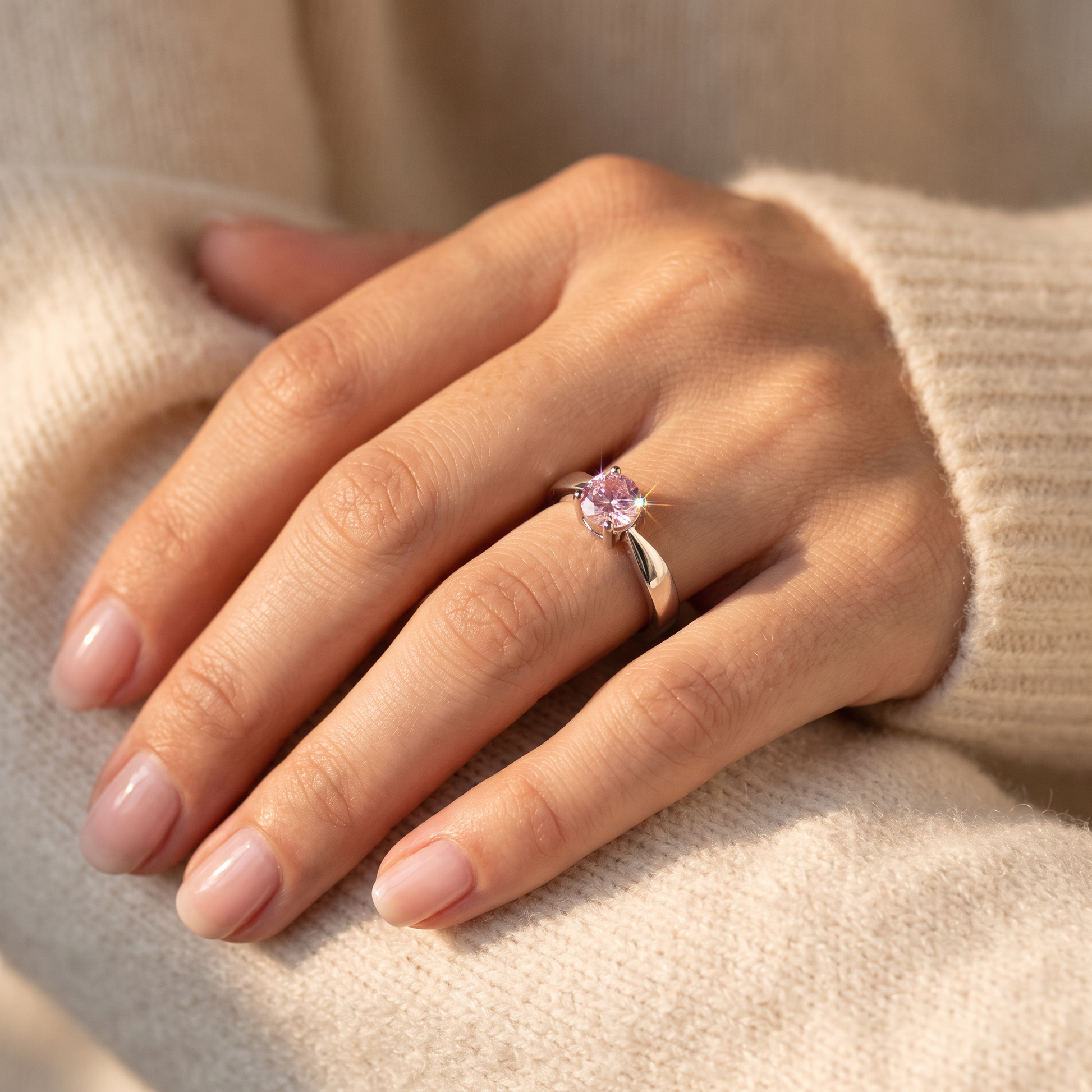 Sterling Silver 6mm Round Pink CZ Ring worn on a woman's hand in warm window light