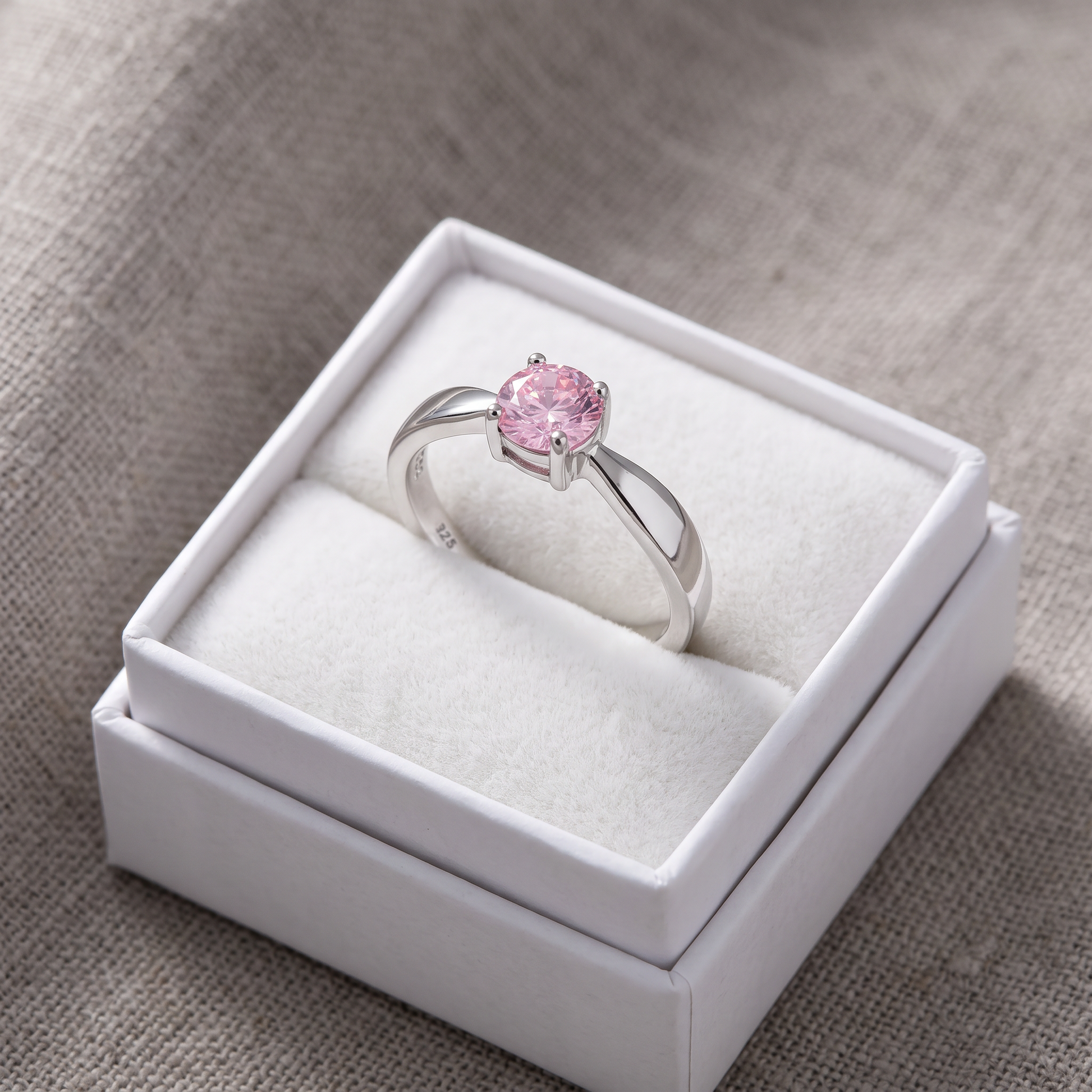 Sterling Silver 6mm Round Pink CZ Ring in a white gift box, 6mm round pink cz gift for her