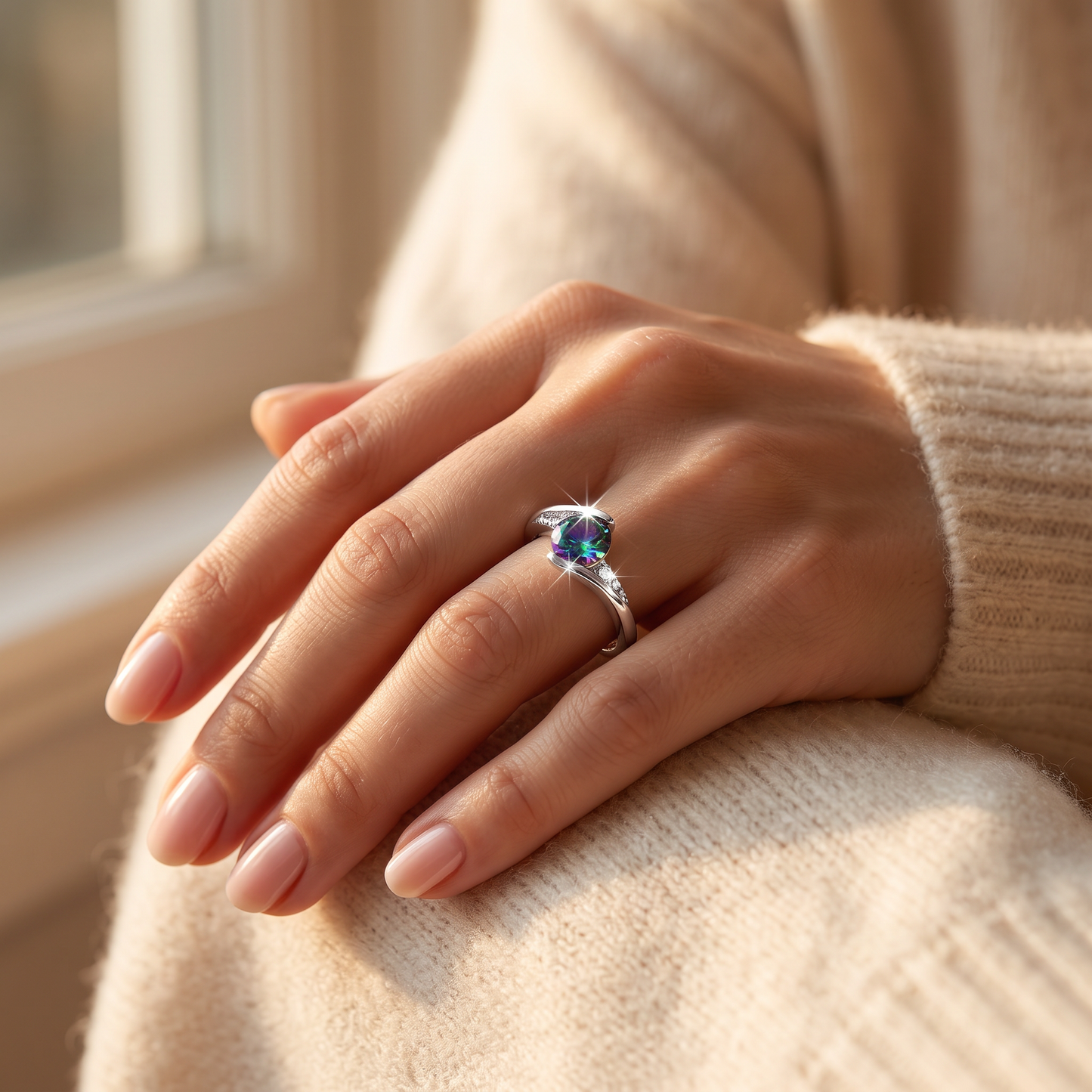 Sterling Silver Stuck In Between Rainbow CZ Ring worn on a woman's hand in warm window light