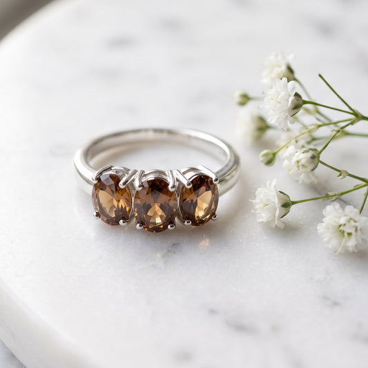 Sterling Silver Gold Plated Triple Oval Brown CZ Ring for Women, Oval Cubic Zirconia, Promise Ring Gift