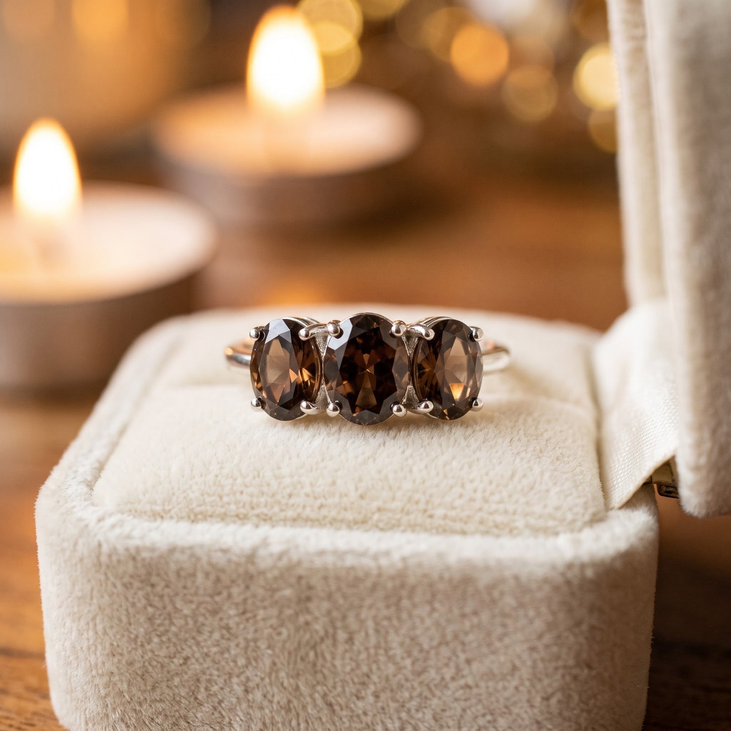 Sterling Silver Gold Plated Triple Oval Brown CZ Ring for Women, Oval Cubic Zirconia, Promise Ring Gift view 2
