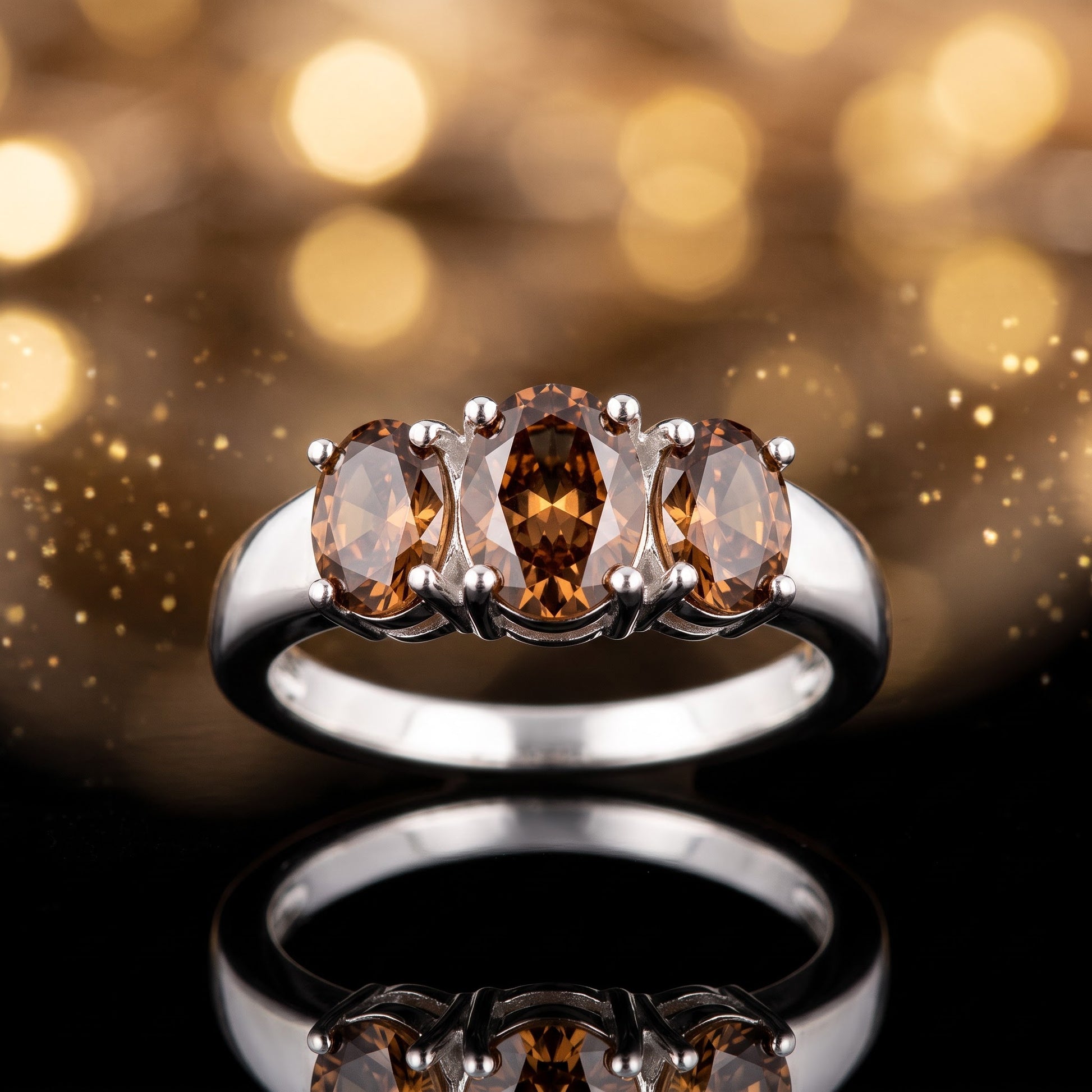 Sterling Silver Gold Plated Triple Oval Brown CZ Ring for Women, Oval Cubic Zirconia, Promise Ring Gift view 3