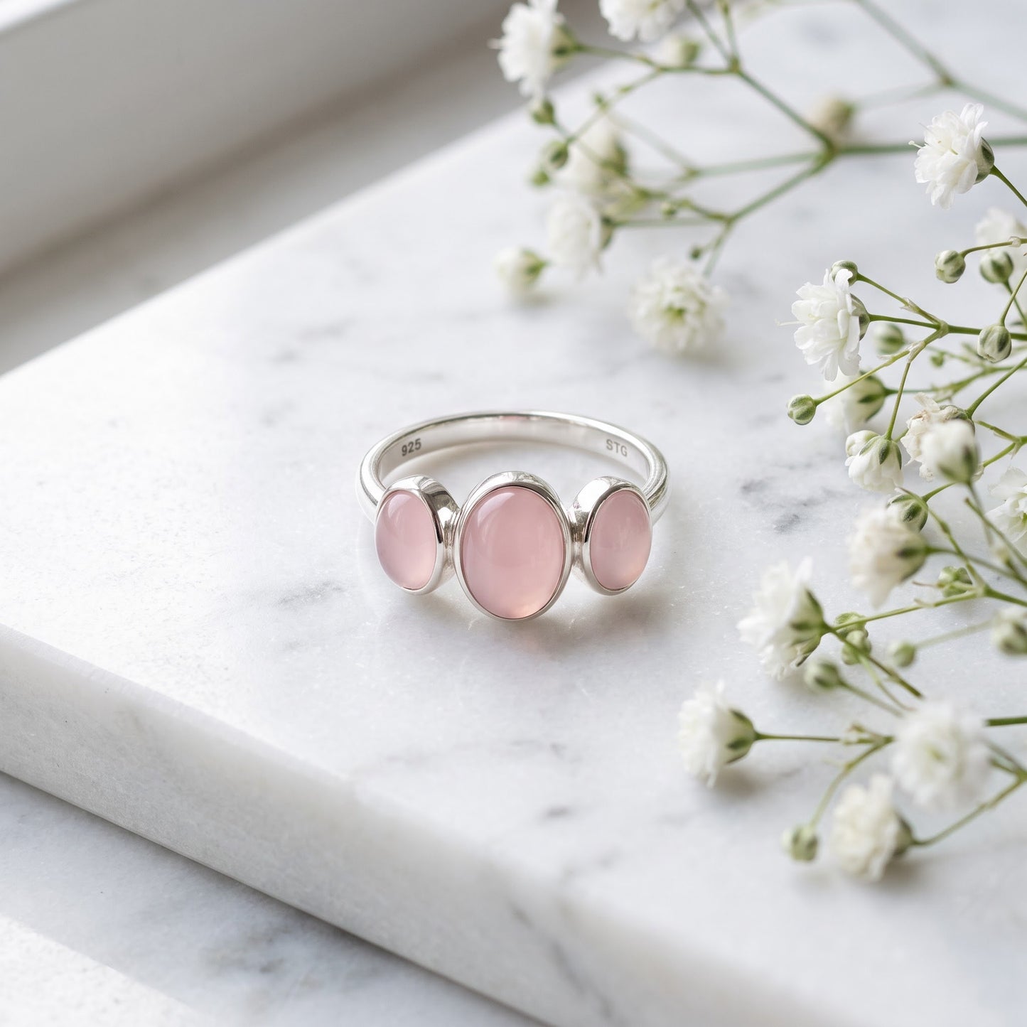 Sterling Silver Triple Oval Milky Pink Glass Ring for Women, Oval Cubic Zirconia, Promise Ring Gift