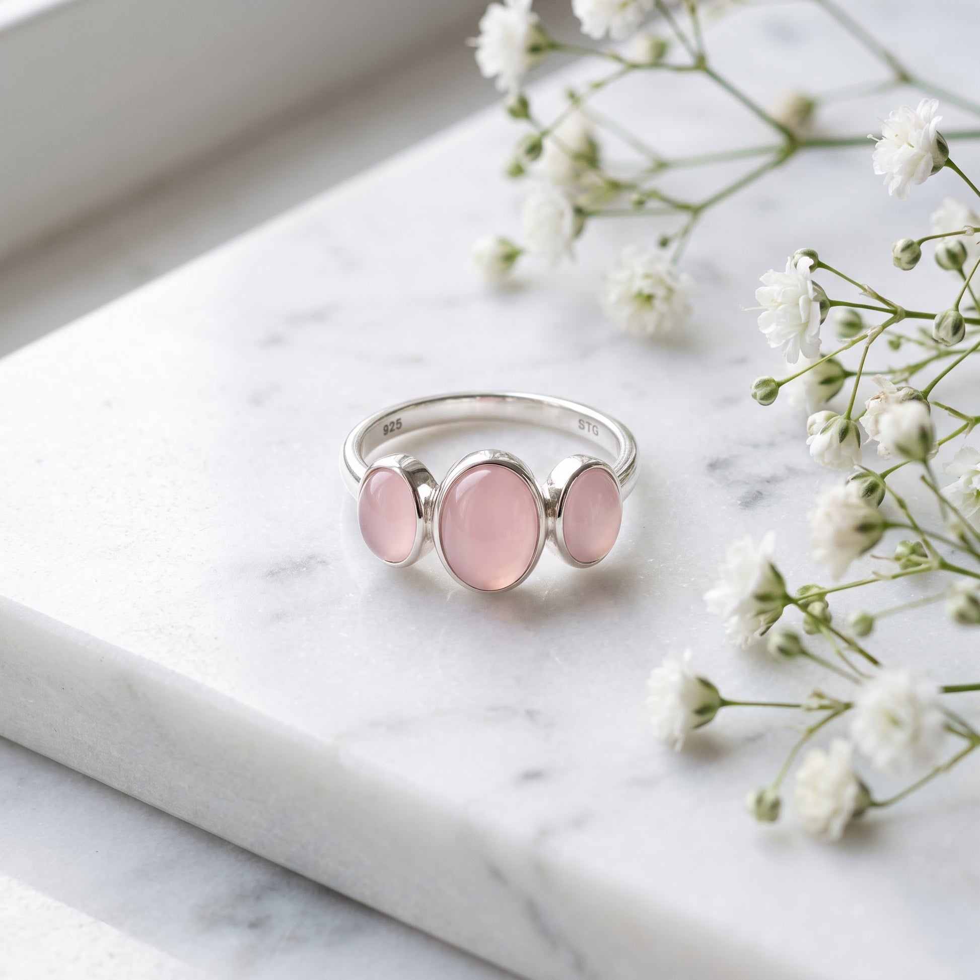 Sterling Silver Triple Oval Milky Pink Glass Ring for Women, Oval Cubic Zirconia, Promise Ring Gift