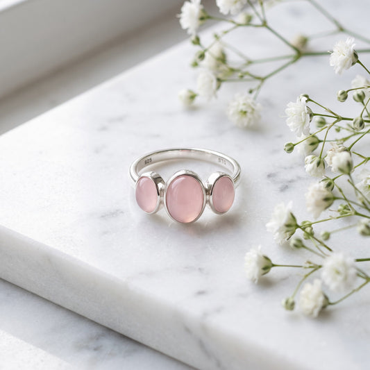 Sterling Silver Triple Oval Milky Pink Glass Ring for Women, Oval Cubic Zirconia, Promise Ring Gift