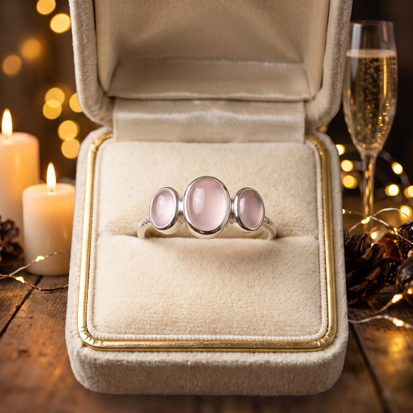 Sterling Silver Triple Oval Milky Pink Glass Ring for Women, Oval Cubic Zirconia, Promise Ring Gift view 2