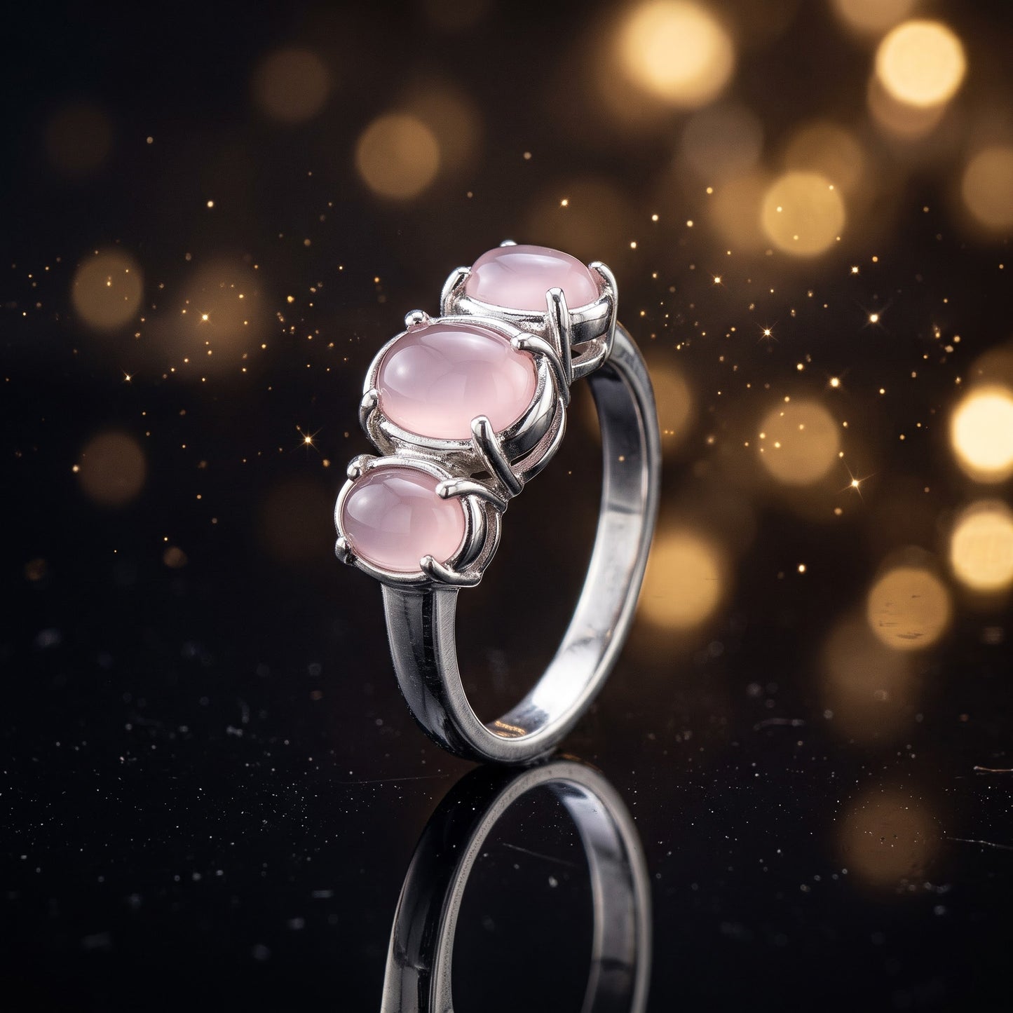 Sterling Silver Triple Oval Milky Pink Glass Ring for Women, Oval Cubic Zirconia, Promise Ring Gift view 3