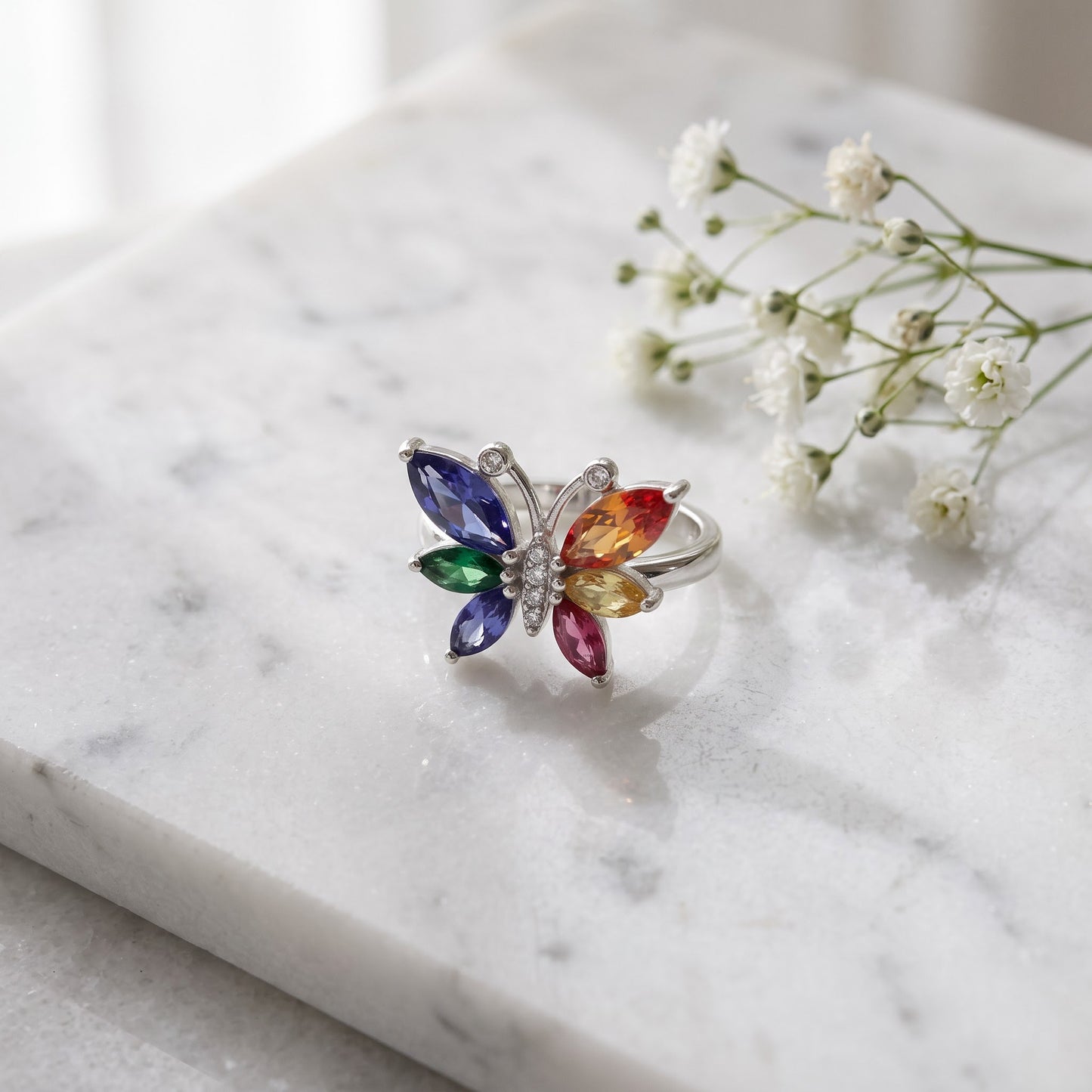 Sterling Silver Large Rainbow CZ Butterfly Ring for Women, Cubic Zirconia, Promise Ring Gift