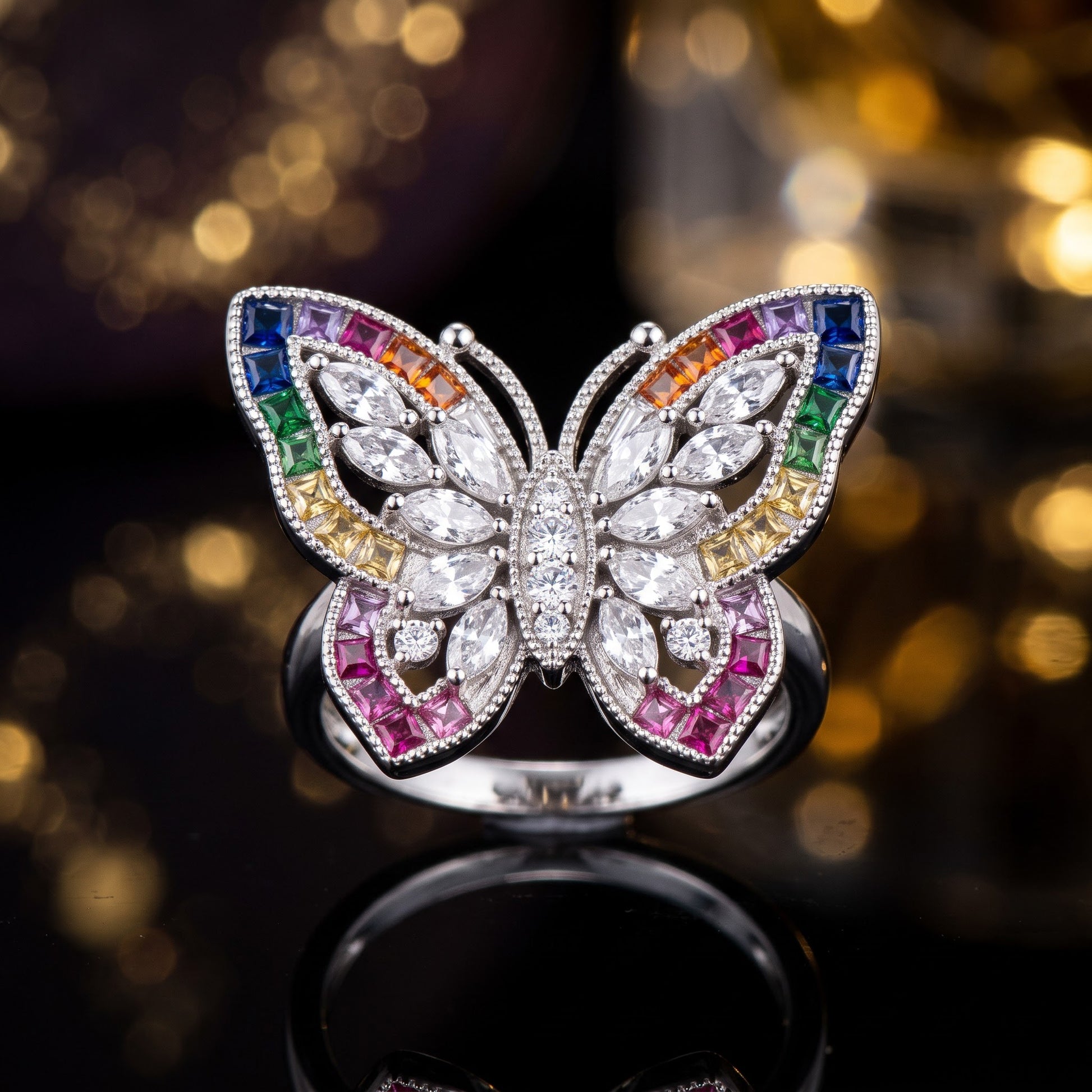 Sterling Silver Large Rainbow CZ Butterfly Ring for Women, Cubic Zirconia, Promise Ring Gift view 3