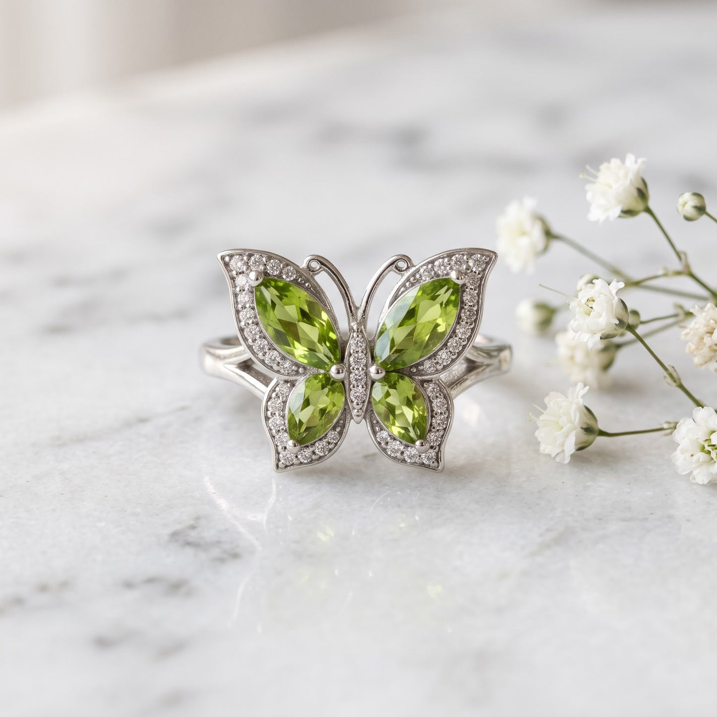 Sterling Silver Large Peridot CZ Butterfly Ring for Women, Cubic Zirconia, Promise Ring Gift