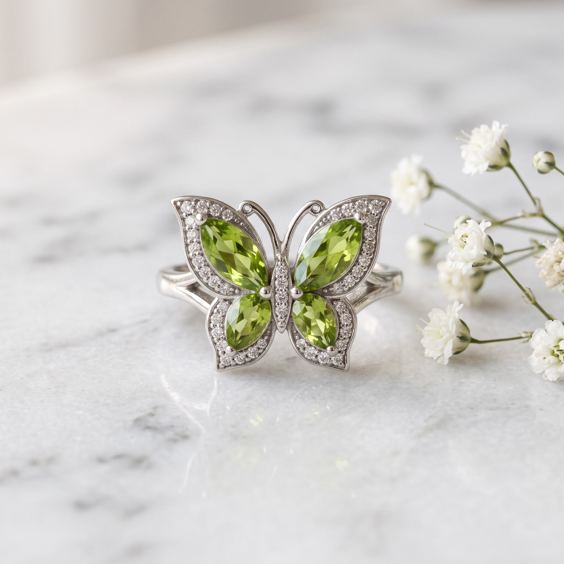 Sterling Silver Large Peridot CZ Butterfly Ring for Women, Cubic Zirconia, Promise Ring Gift