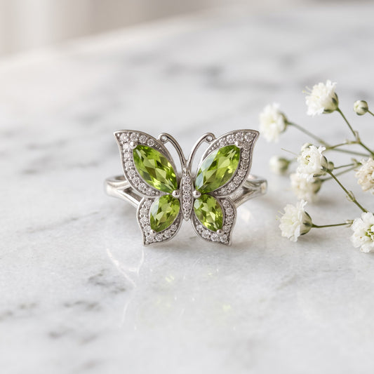 Sterling Silver Large Peridot CZ Butterfly Ring for Women, Cubic Zirconia, Promise Ring Gift