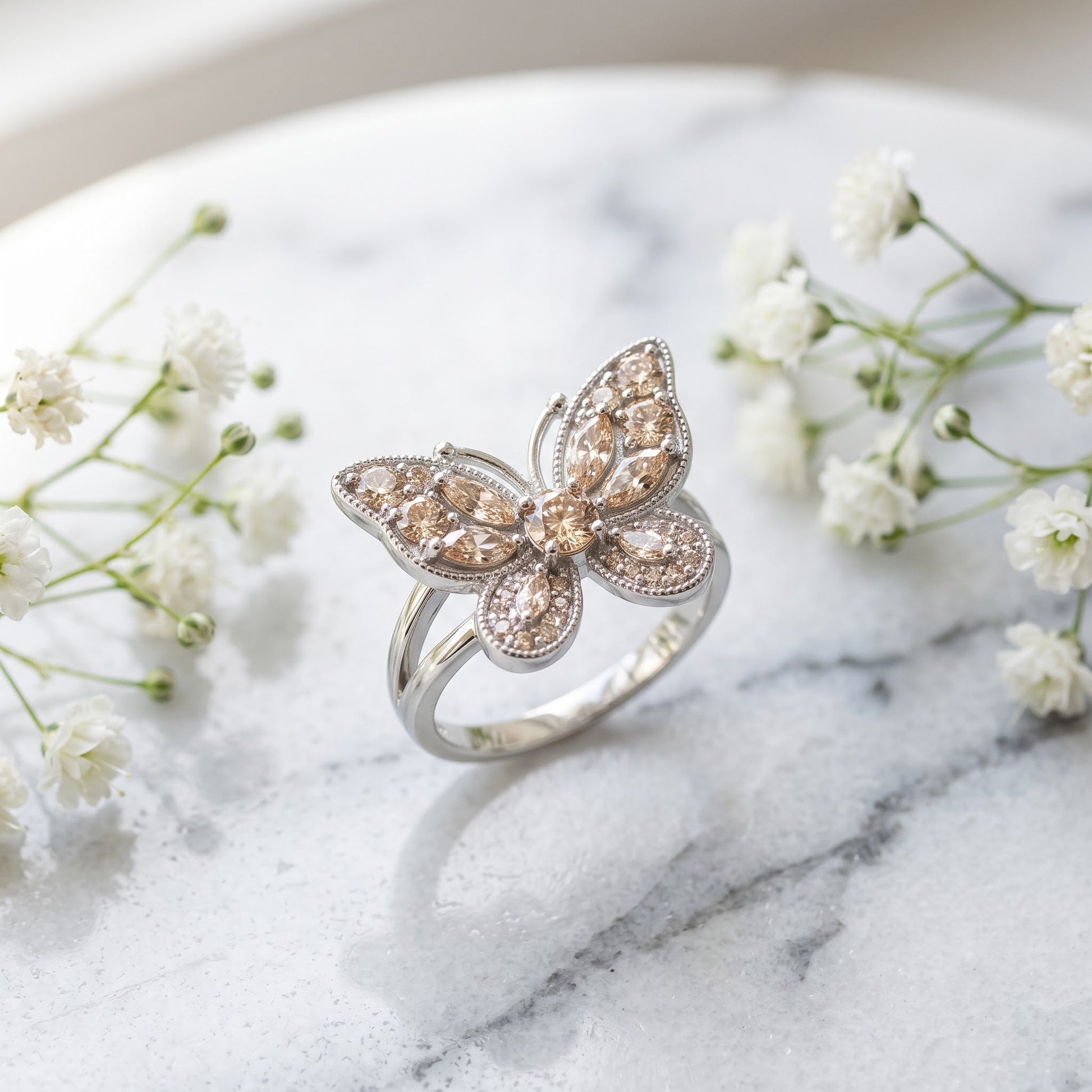 Sterling Silver Large Champagne CZ Butterfly Ring for Women, Cubic Zirconia, Promise Ring Gift