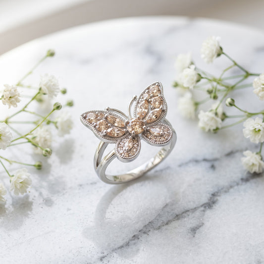 Sterling Silver Large Champagne CZ Butterfly Ring for Women, Cubic Zirconia, Promise Ring Gift
