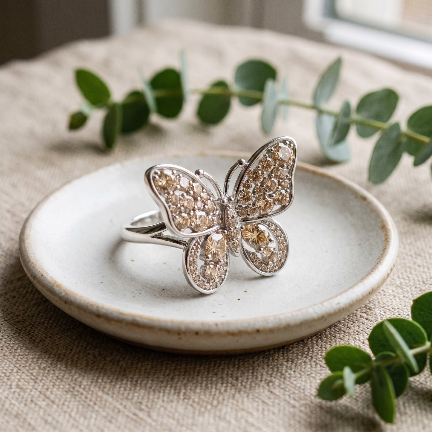 Sterling Silver Large Champagne CZ Butterfly Ring for Women, Cubic Zirconia, Promise Ring Gift view 1