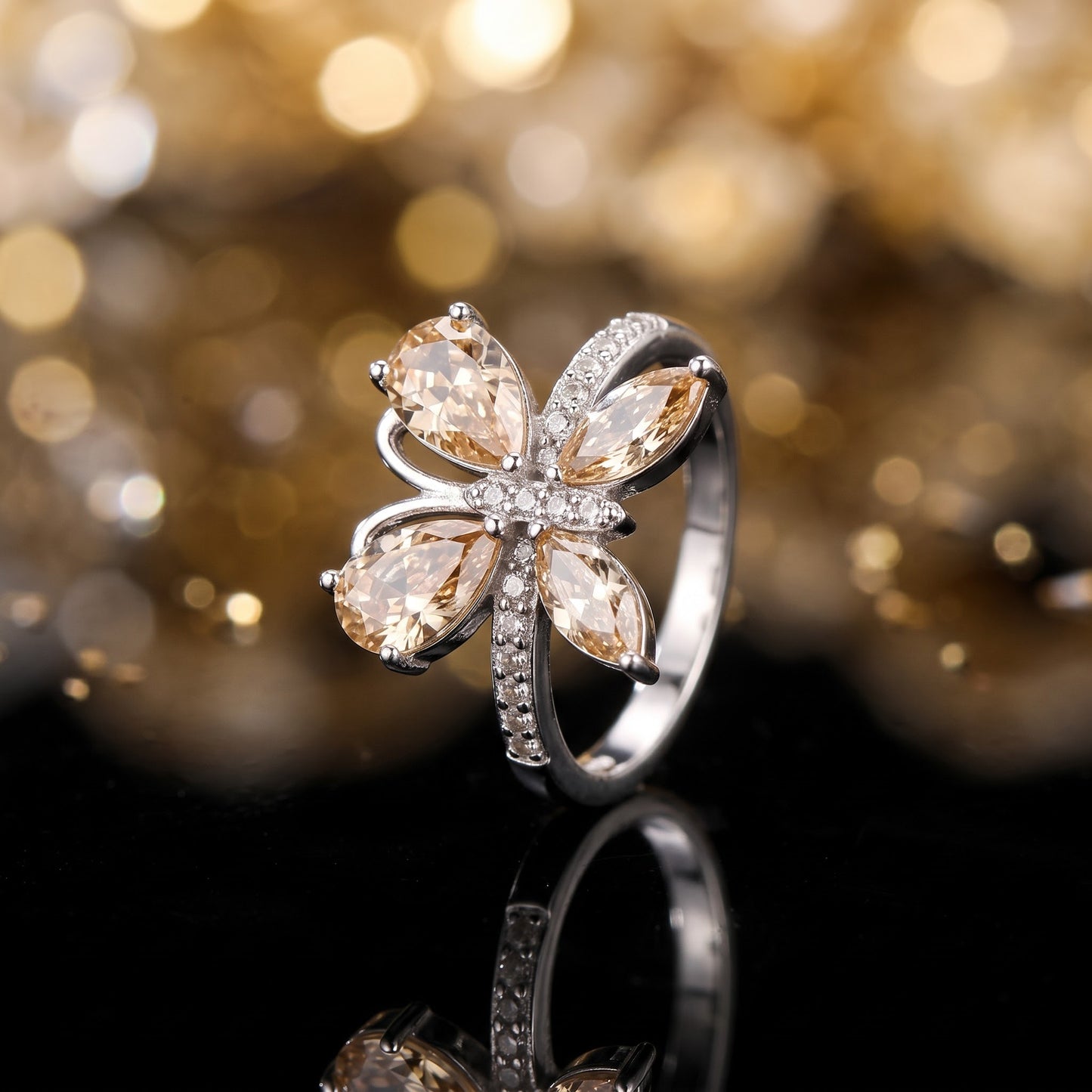 Sterling Silver Large Champagne CZ Butterfly Ring for Women, Cubic Zirconia, Promise Ring Gift view 3