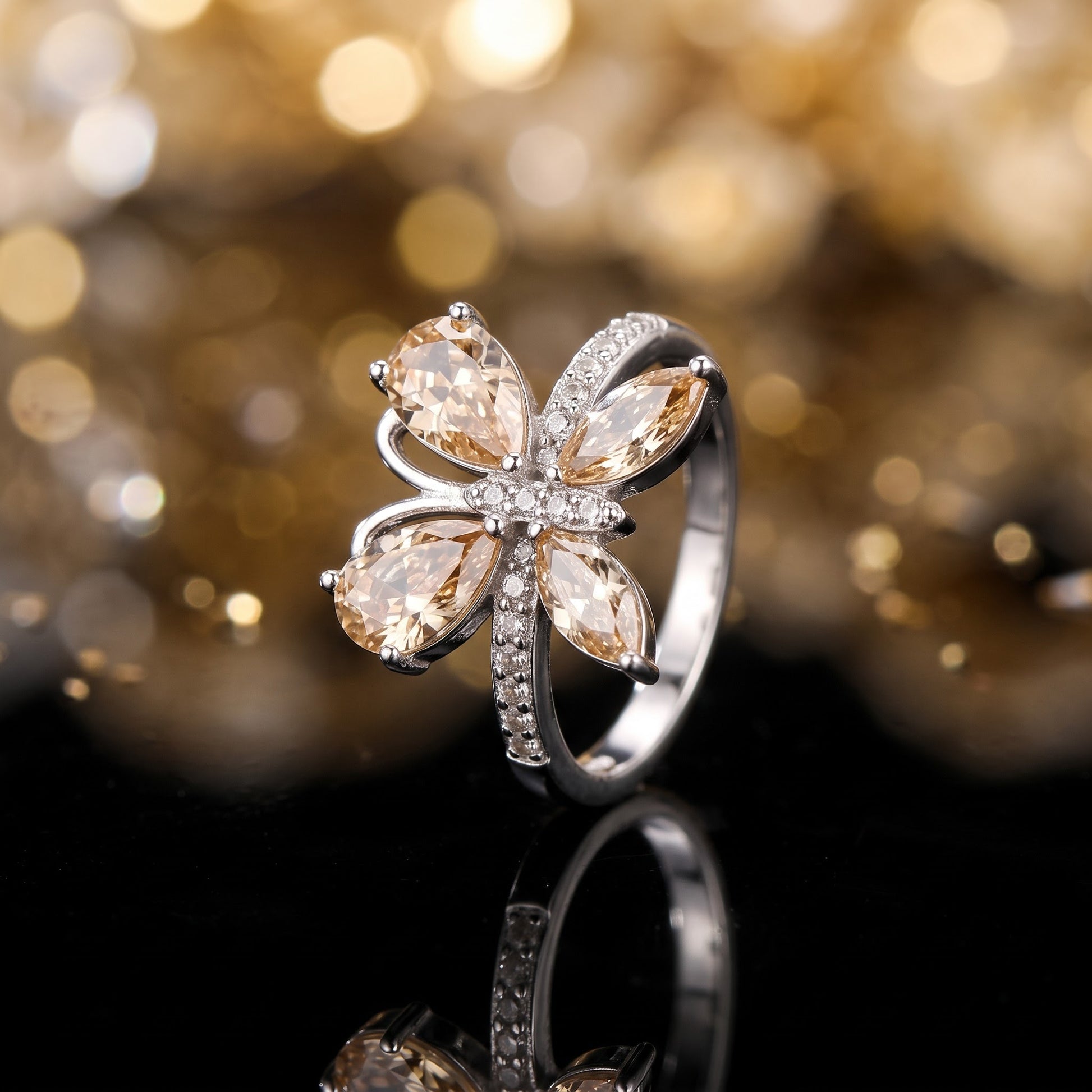 Sterling Silver Large Champagne CZ Butterfly Ring for Women, Cubic Zirconia, Promise Ring Gift view 3