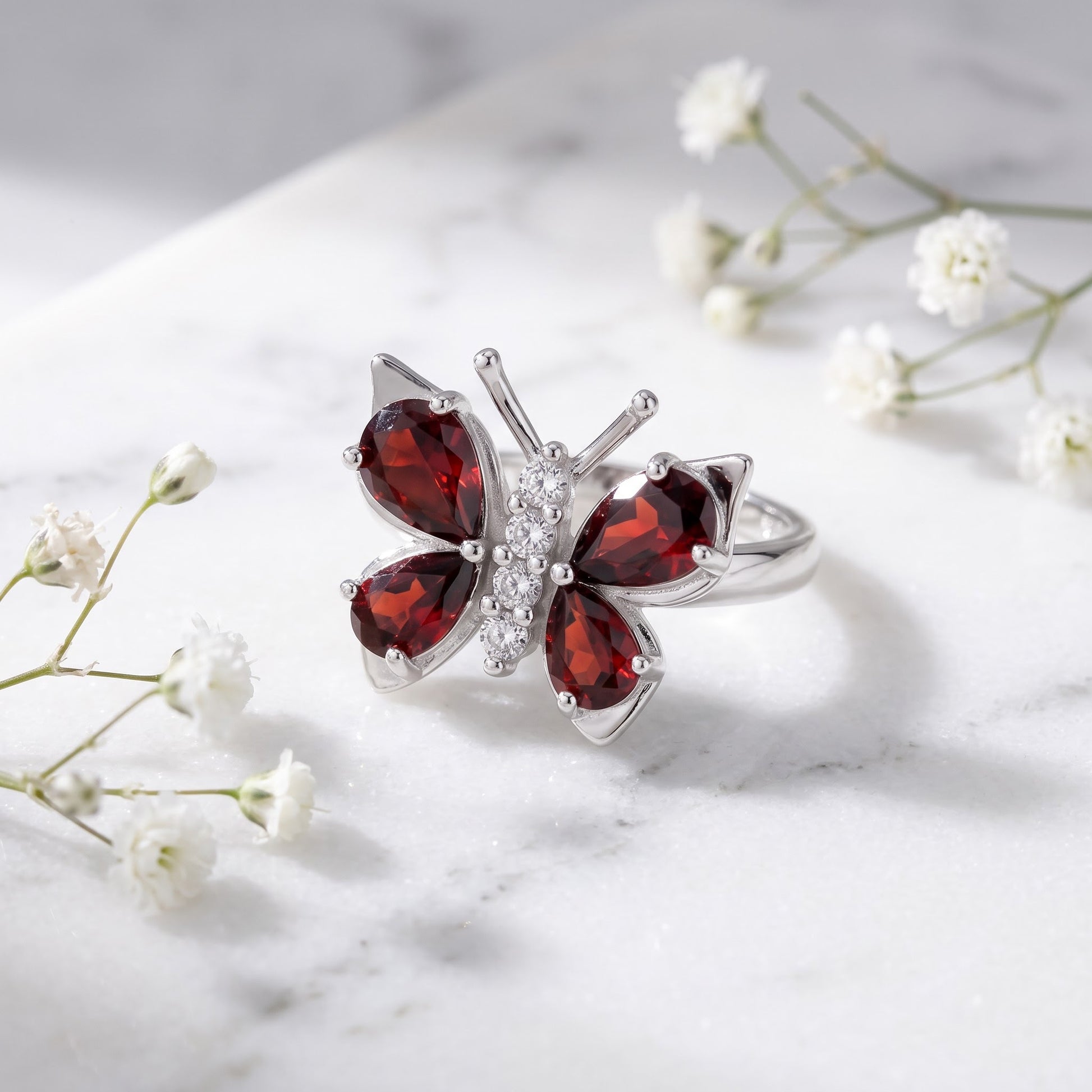 Sterling Silver Large Garnet CZ Butterfly Ring for Women, Cubic Zirconia, Promise Ring Gift view 1