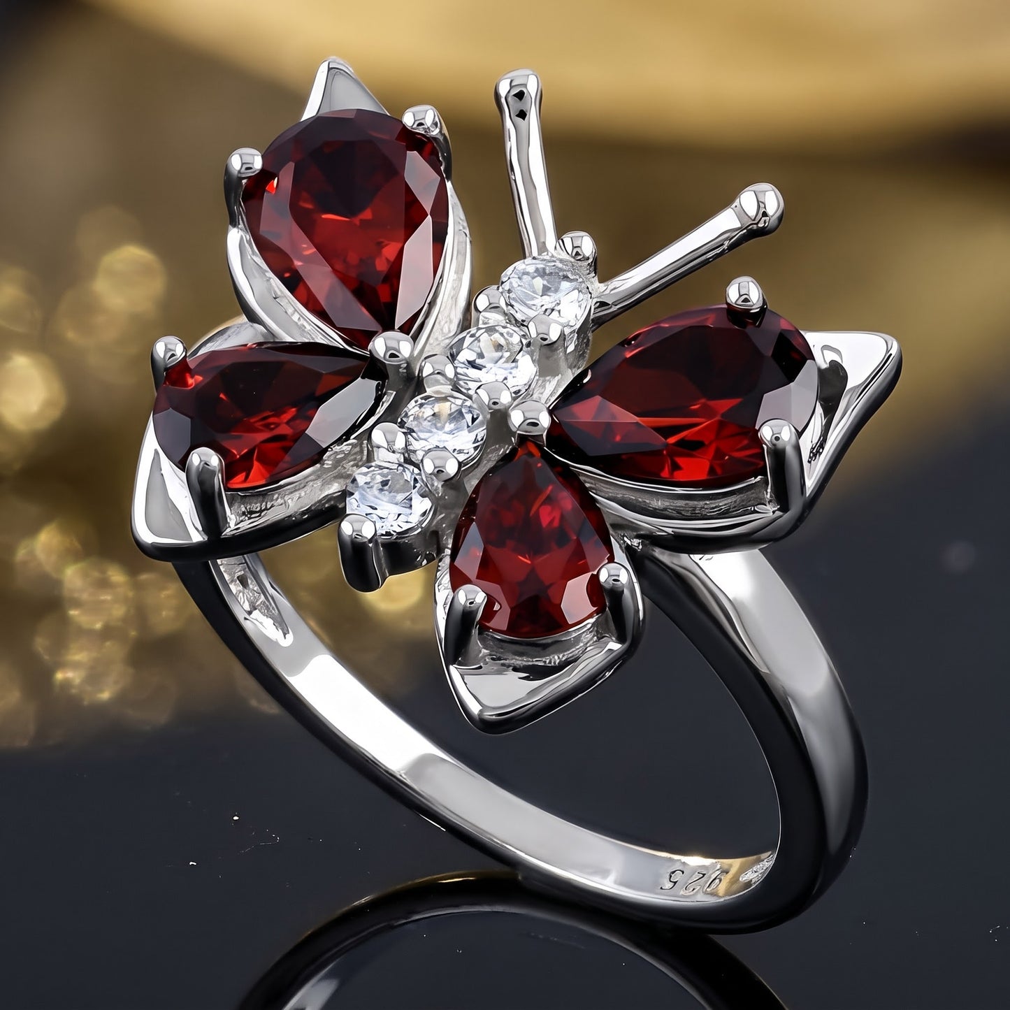 Sterling Silver Large Garnet CZ Butterfly Ring for Women, Cubic Zirconia, Promise Ring Gift view 4