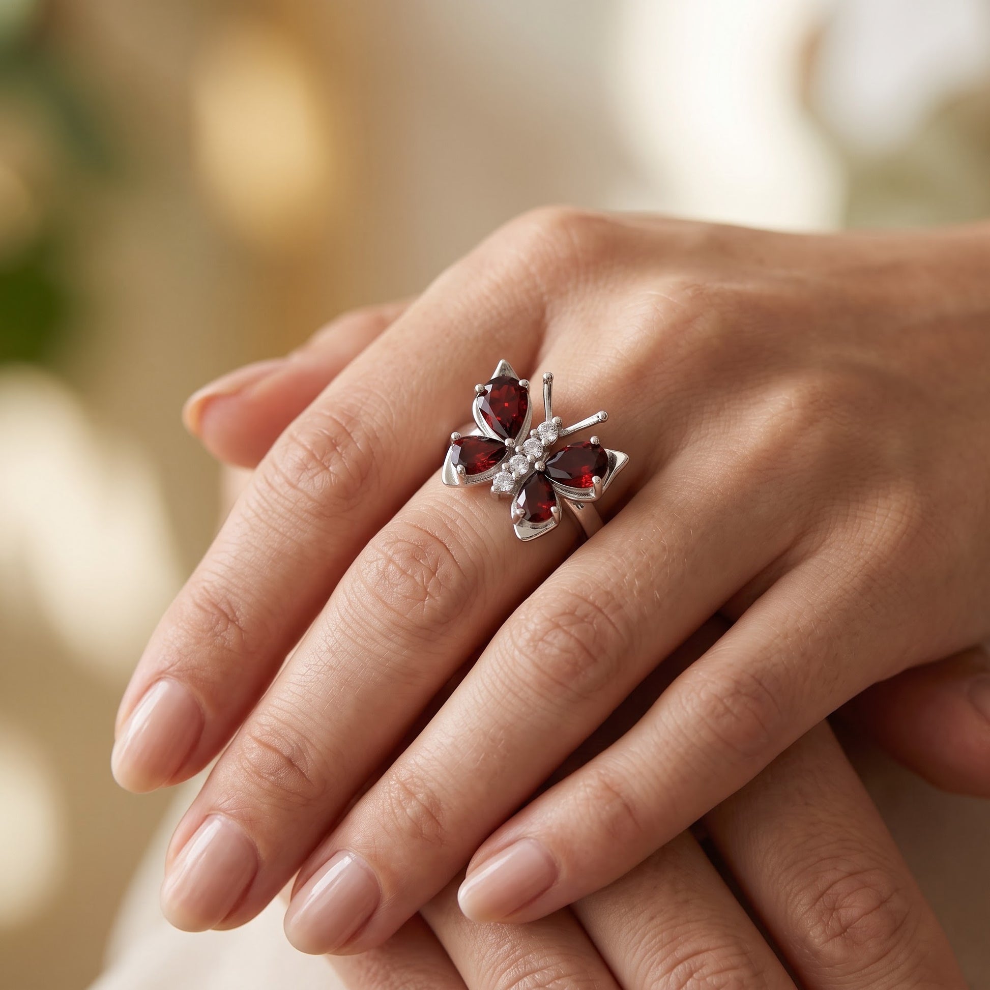 Sterling Silver Large Garnet CZ Butterfly Ring for Women, Cubic Zirconia, Promise Ring Gift view 5