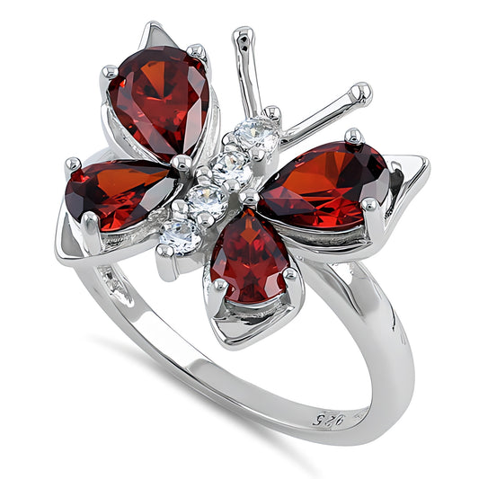 Sterling Silver Large Garnet CZ Butterfly Ring for Women, Cubic Zirconia, Promise Ring Gift