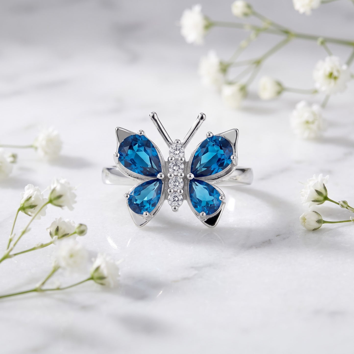 Sterling Silver Large Blue Topaz CZ Butterfly Ring for Women, Cubic Zirconia, Promise Ring Gift view 1