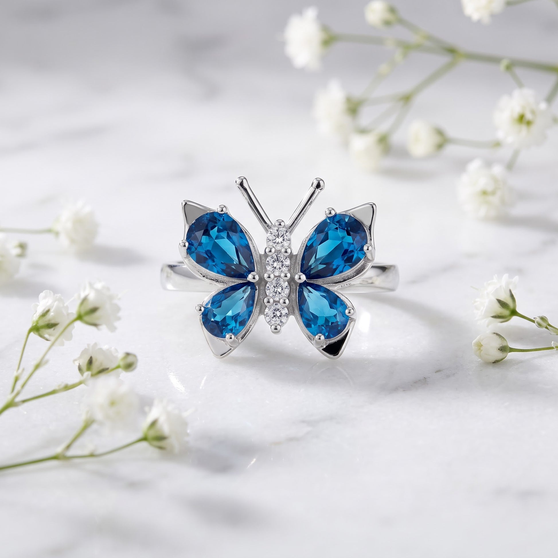 Sterling Silver Large Blue Topaz CZ Butterfly Ring for Women, Cubic Zirconia, Promise Ring Gift view 1