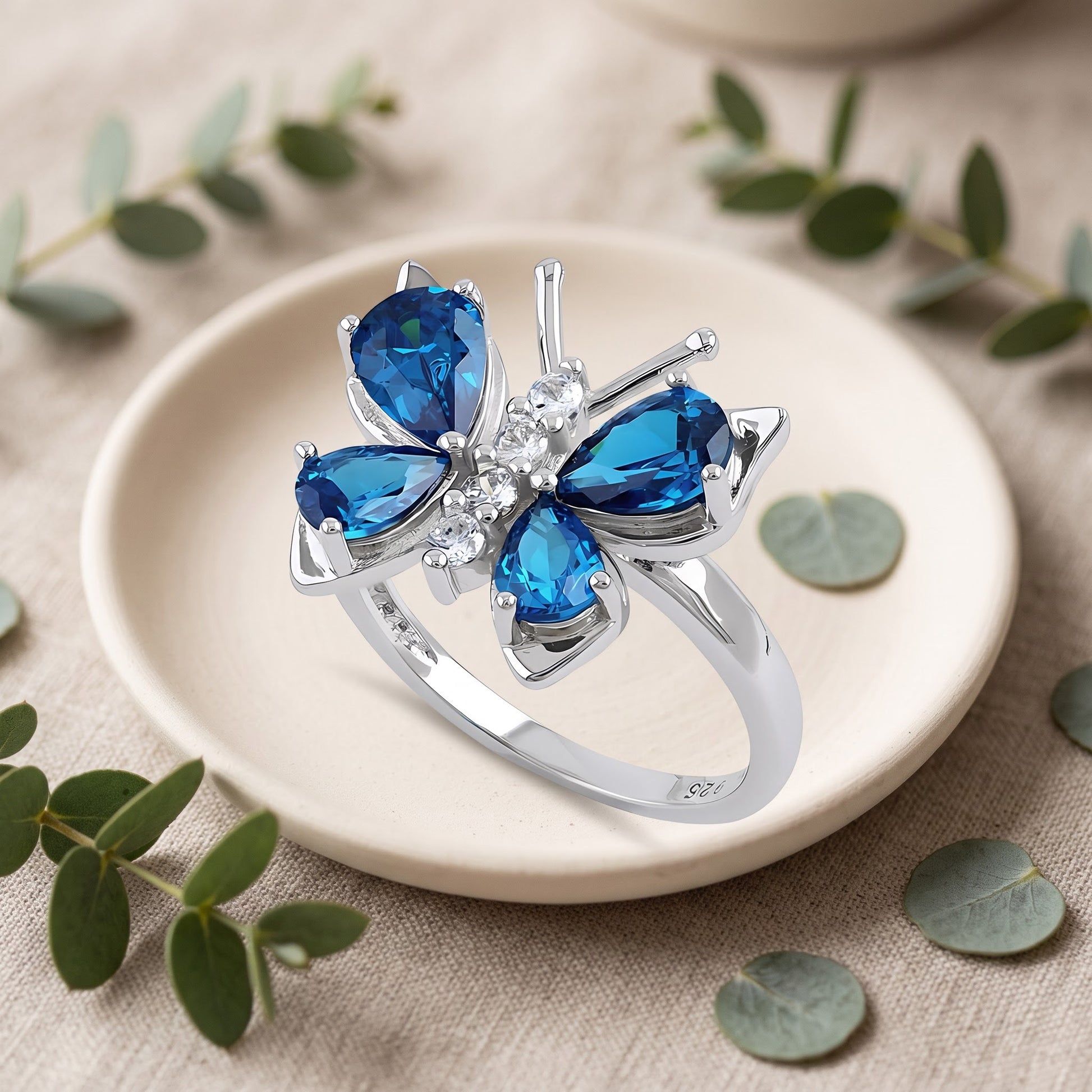 Sterling Silver Large Blue Topaz CZ Butterfly Ring for Women, Cubic Zirconia, Promise Ring Gift view 2