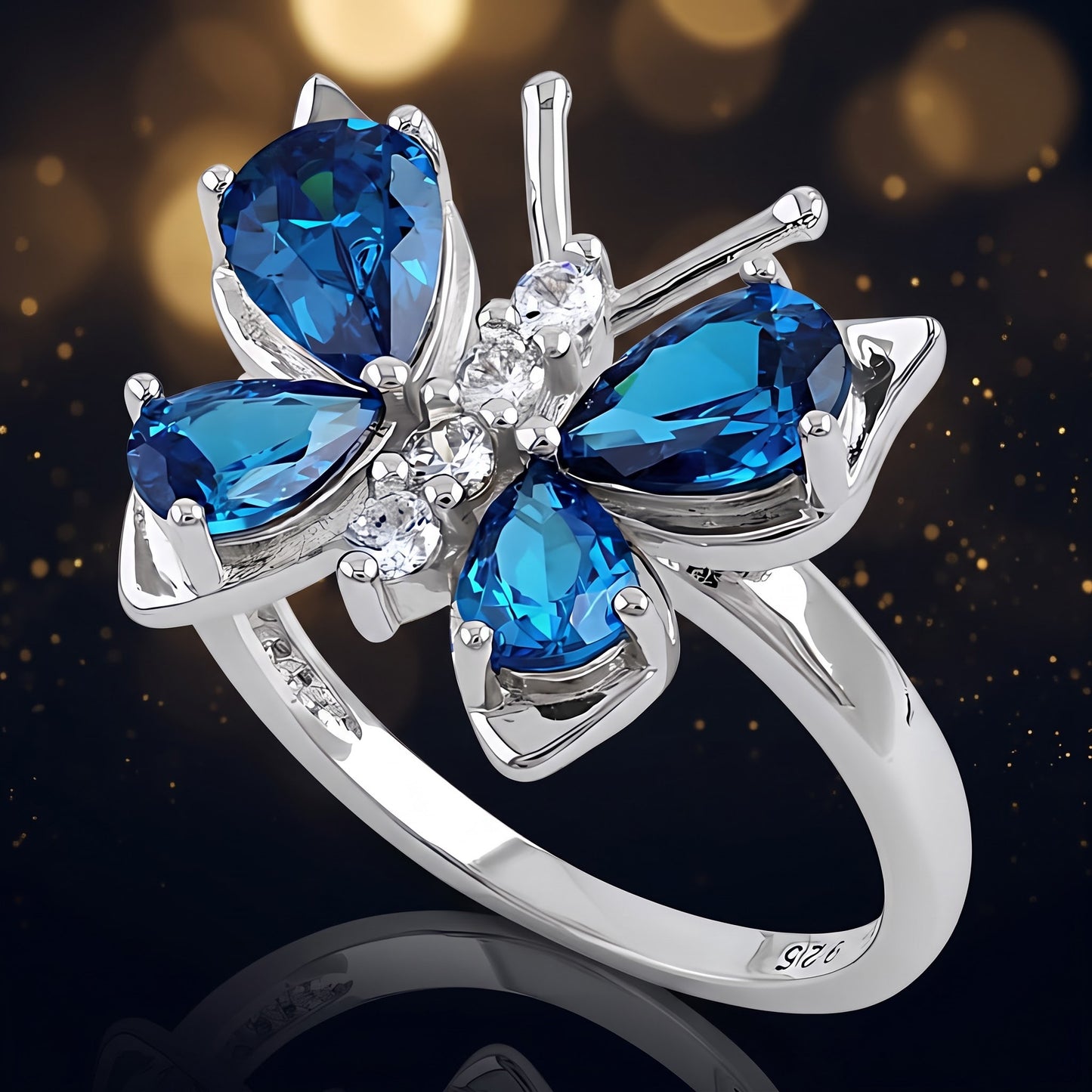 Sterling Silver Large Blue Topaz CZ Butterfly Ring for Women, Cubic Zirconia, Promise Ring Gift view 4