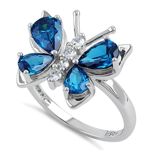 Sterling Silver Large Blue Topaz CZ Butterfly Ring for Women, Cubic Zirconia, Promise Ring Gift