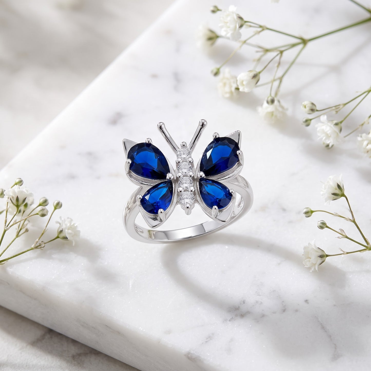Sterling Silver Large Blue Spinel CZ Butterfly Ring for Women, Cubic Zirconia, Promise Ring Gift view 1