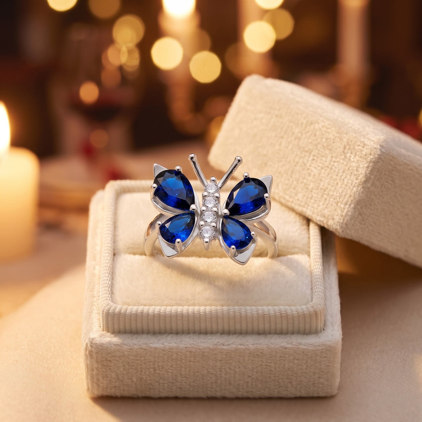 Sterling Silver Large Blue Spinel CZ Butterfly Ring for Women, Cubic Zirconia, Promise Ring Gift view 3