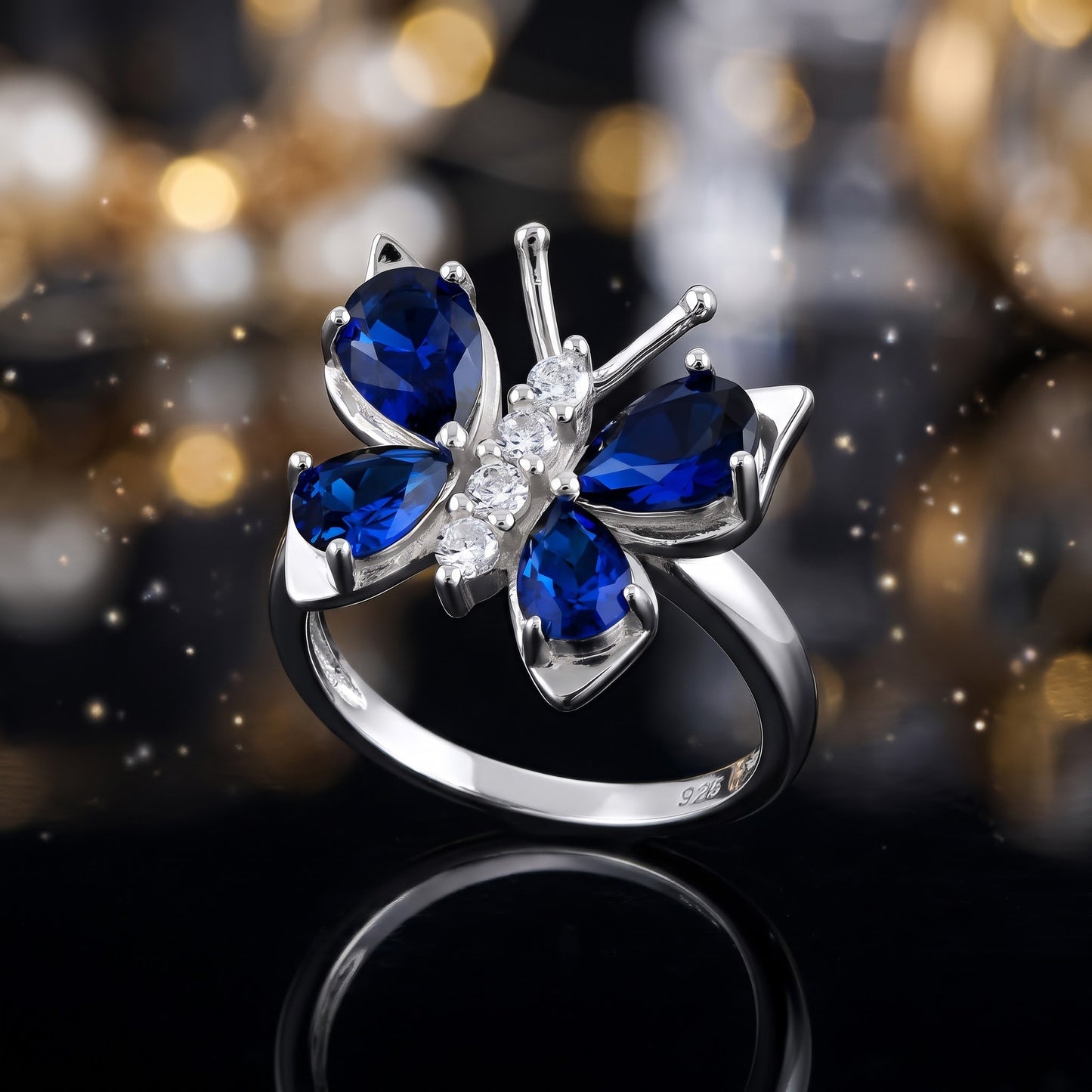 Sterling Silver Large Blue Spinel CZ Butterfly Ring for Women, Cubic Zirconia, Promise Ring Gift view 4