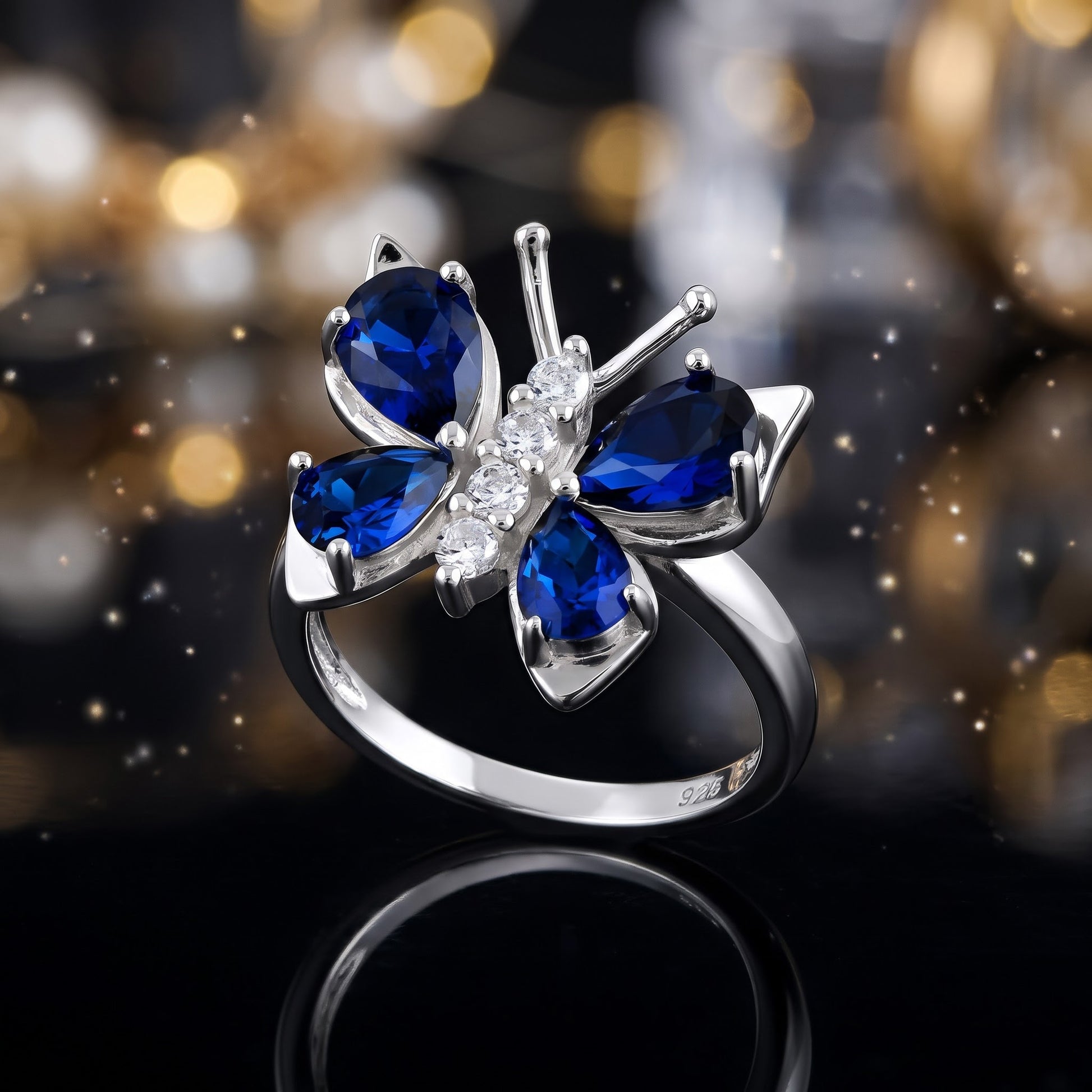 Sterling Silver Large Blue Spinel CZ Butterfly Ring for Women, Cubic Zirconia, Promise Ring Gift view 4