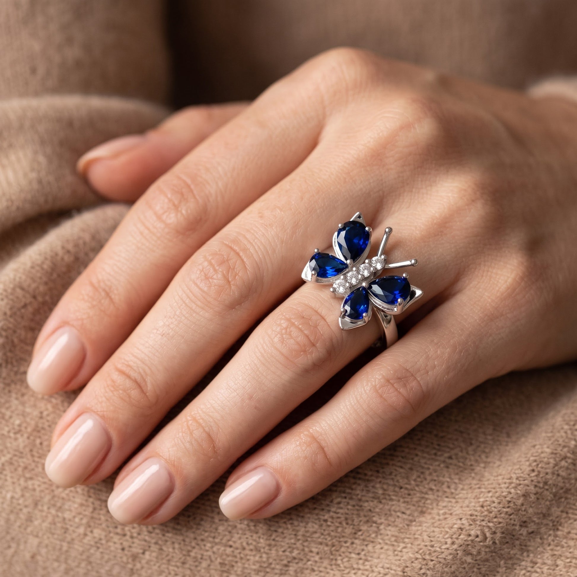 Sterling Silver Large Blue Spinel CZ Butterfly Ring for Women, Cubic Zirconia, Promise Ring Gift view 5
