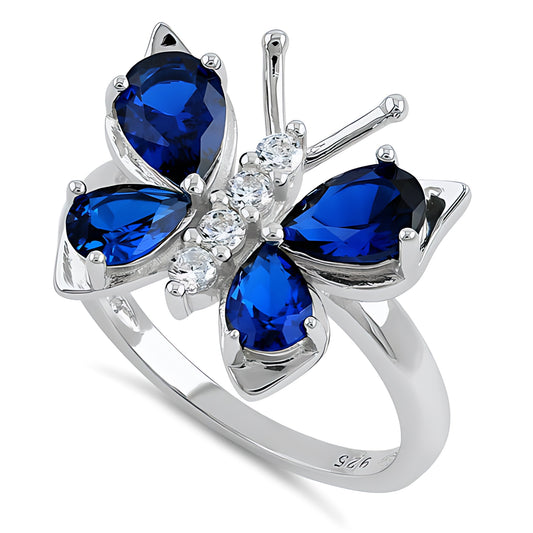 Sterling Silver Large Blue Spinel CZ Butterfly Ring for Women, Cubic Zirconia, Promise Ring Gift