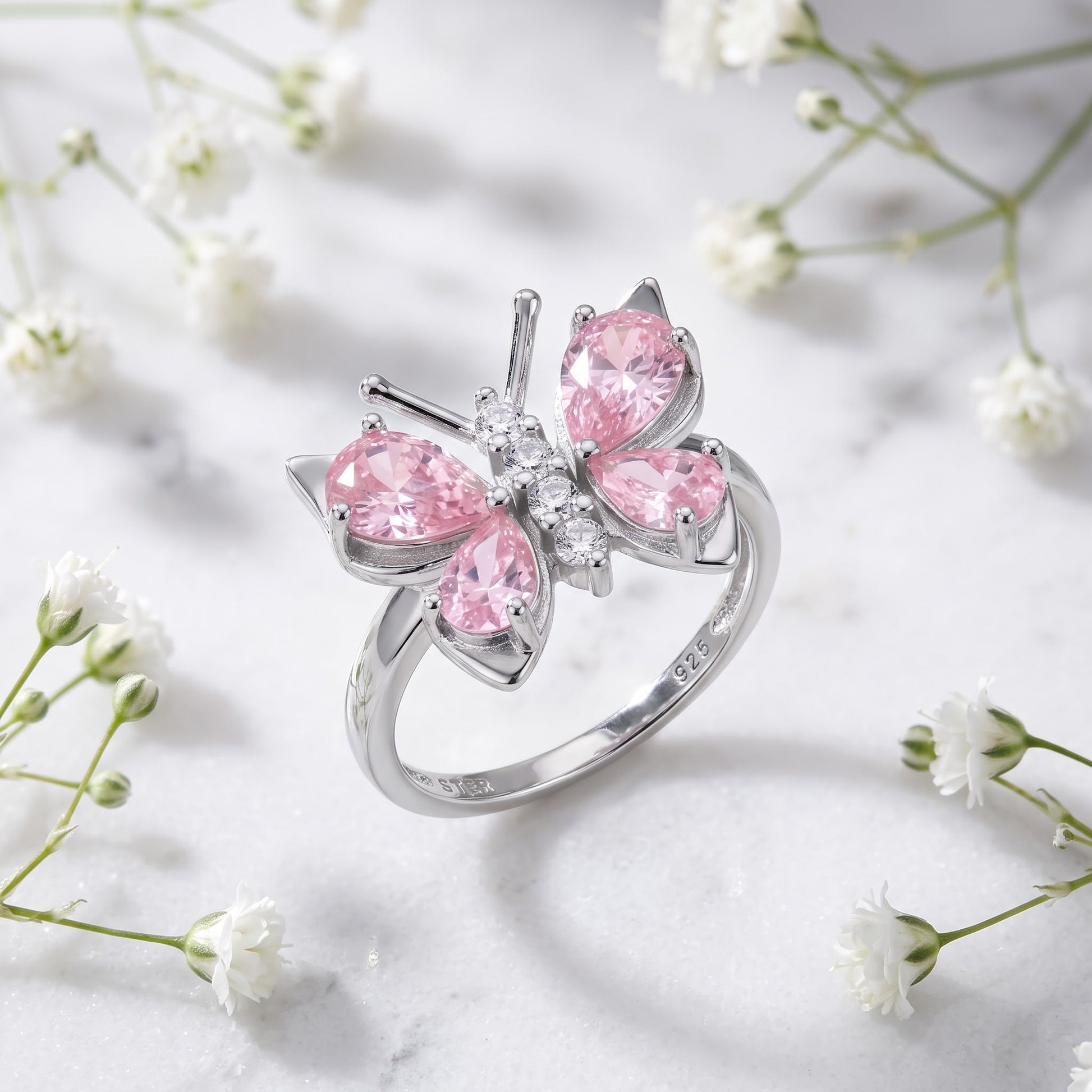 Sterling Silver Pink CZ Butterfly Ring for Women, Cubic Zirconia, Promise Ring Gift view 1