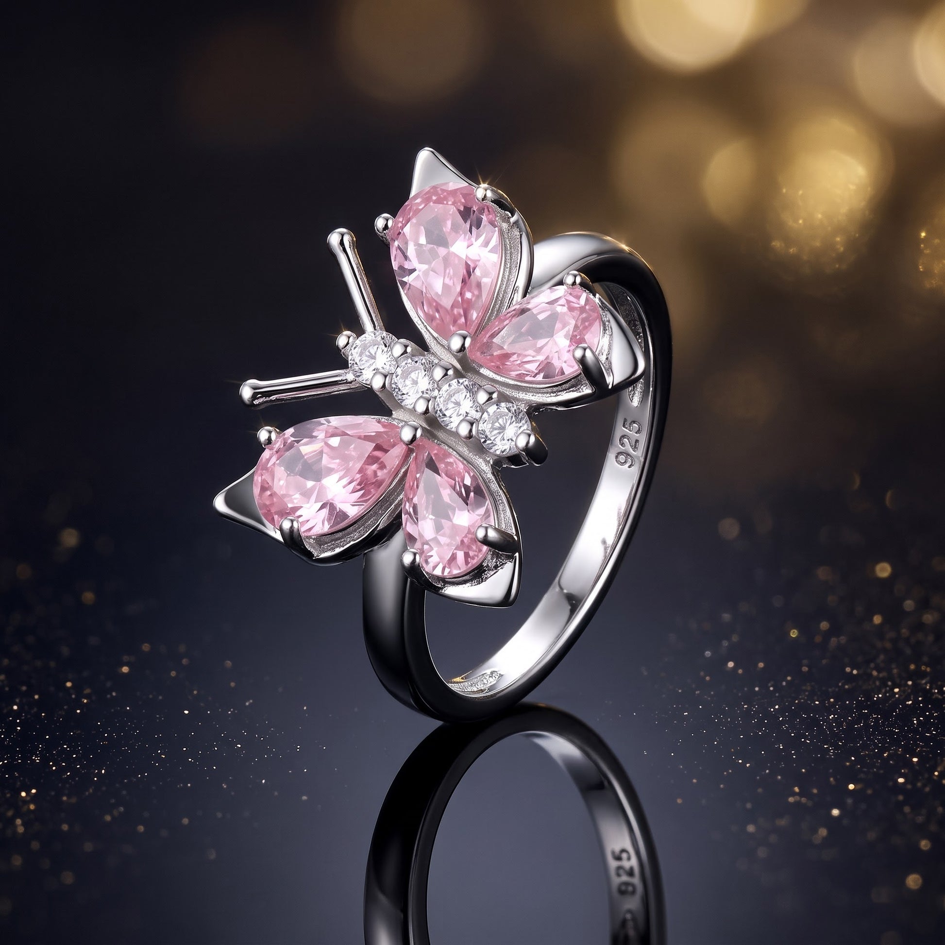 Sterling Silver Pink CZ Butterfly Ring for Women, Cubic Zirconia, Promise Ring Gift view 4