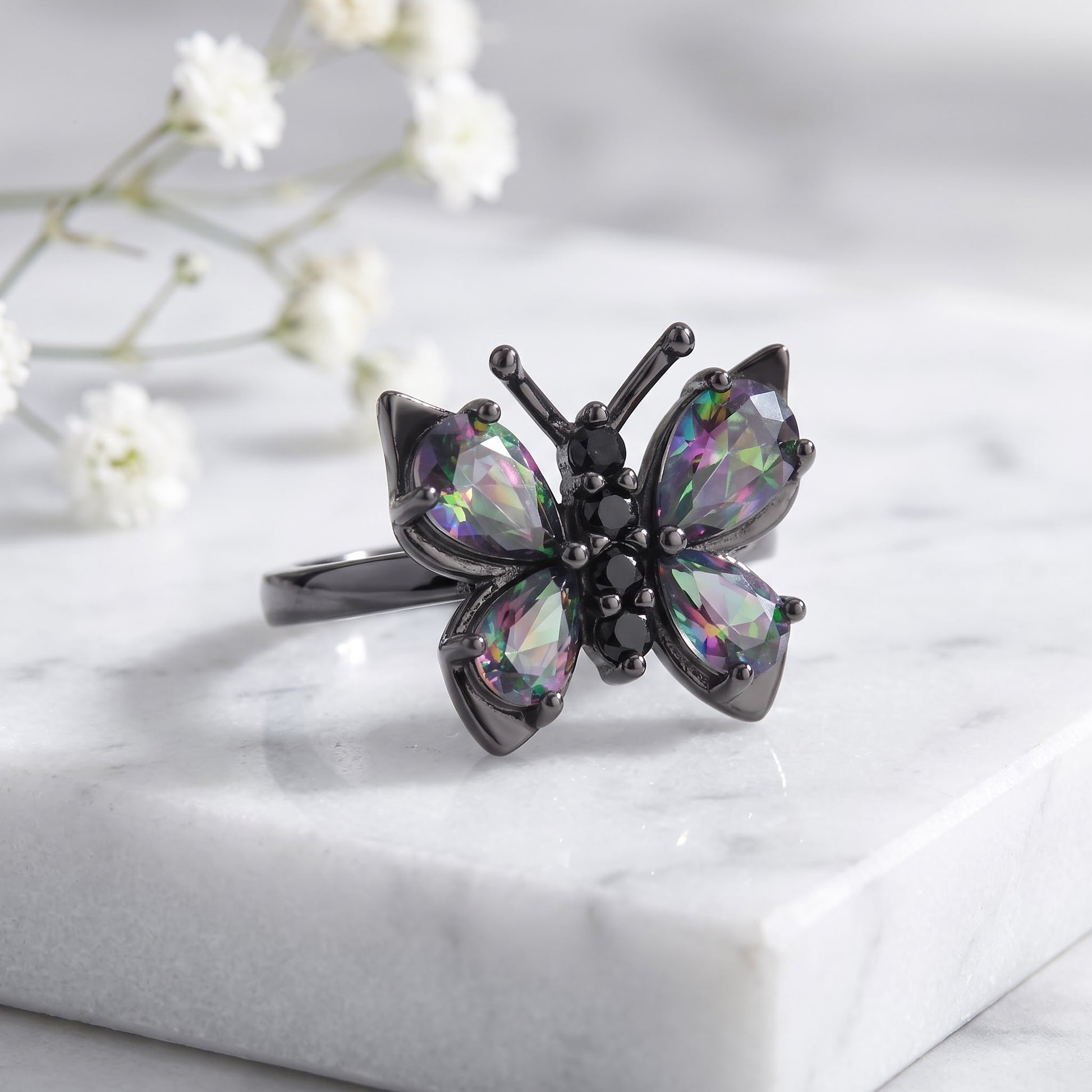 Sterling Silver Black Rhodium Large Rainbow CZ Butterfly Ring for Women, Cubic Zirconia, Promise Ring Gift view 1