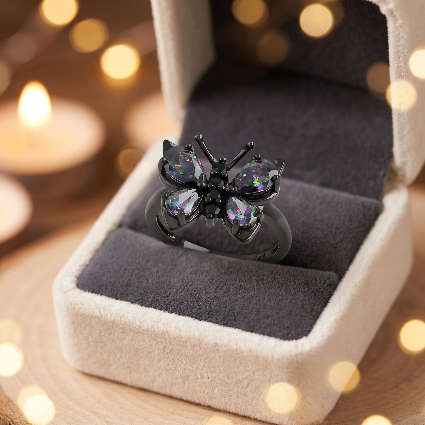 Sterling Silver Black Rhodium Large Rainbow CZ Butterfly Ring for Women, Cubic Zirconia, Promise Ring Gift view 3