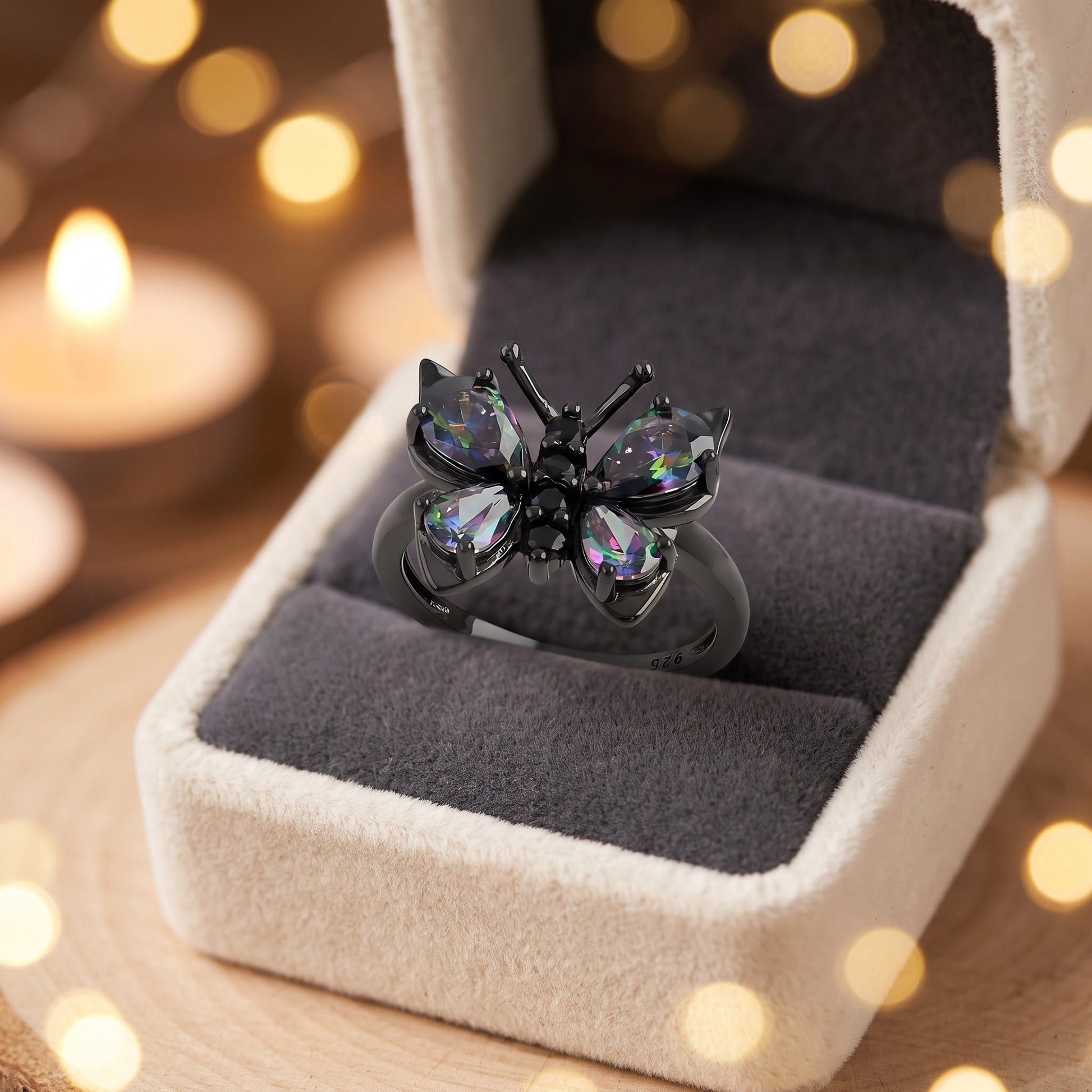 Sterling Silver Black Rhodium Large Rainbow CZ Butterfly Ring for Women, Cubic Zirconia, Promise Ring Gift view 3