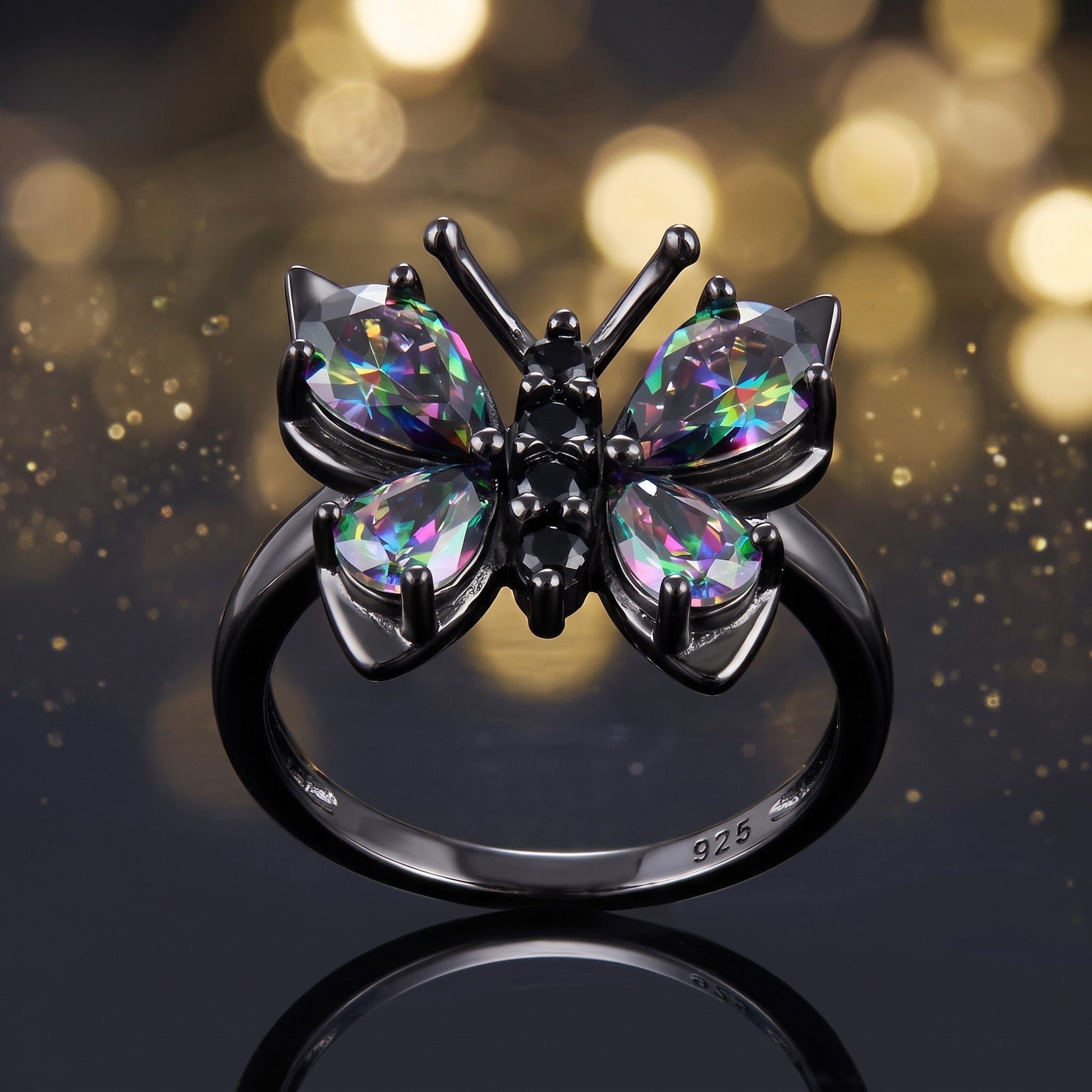 Sterling Silver Black Rhodium Large Rainbow CZ Butterfly Ring for Women, Cubic Zirconia, Promise Ring Gift view 4
