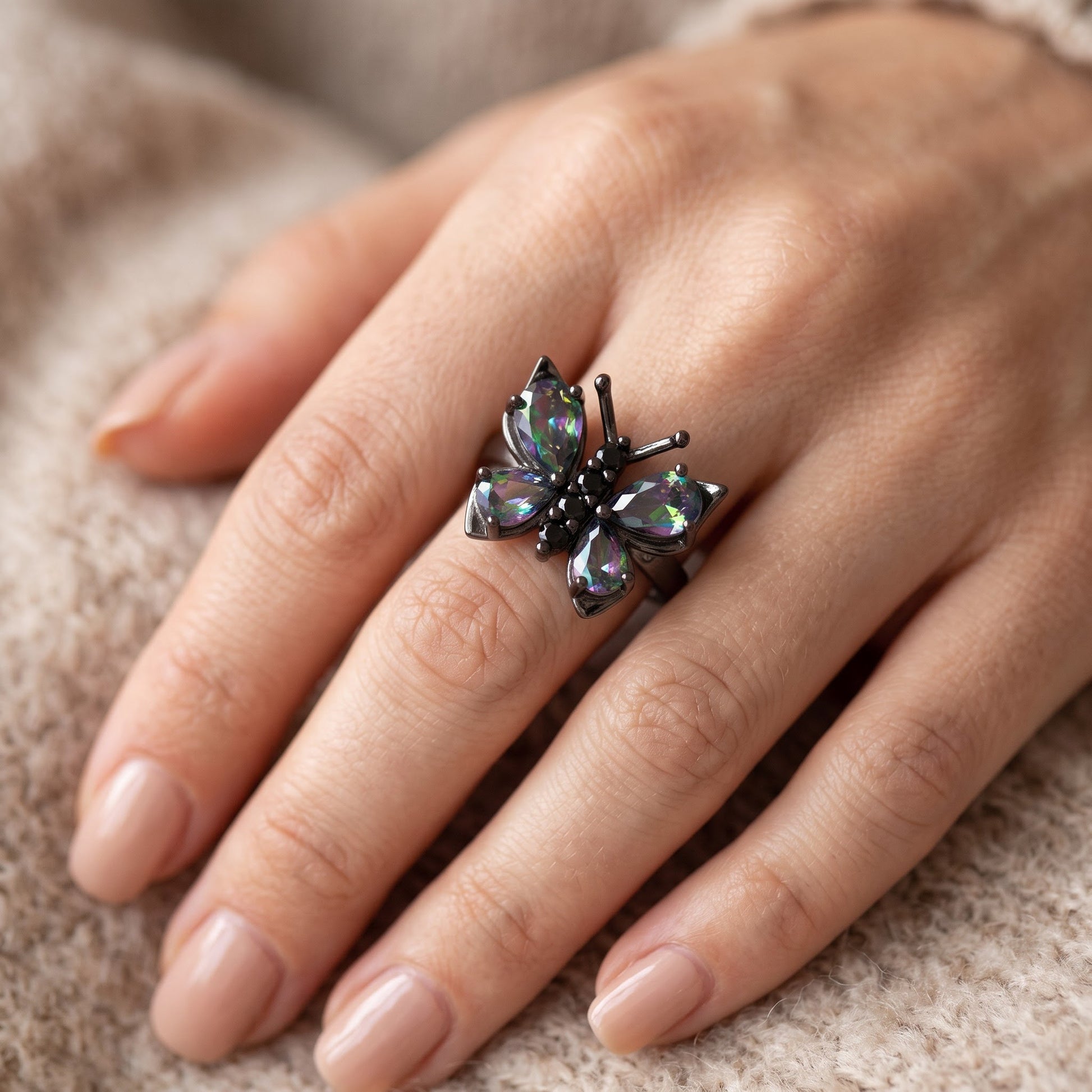 Sterling Silver Black Rhodium Large Rainbow CZ Butterfly Ring for Women, Cubic Zirconia, Promise Ring Gift view 5
