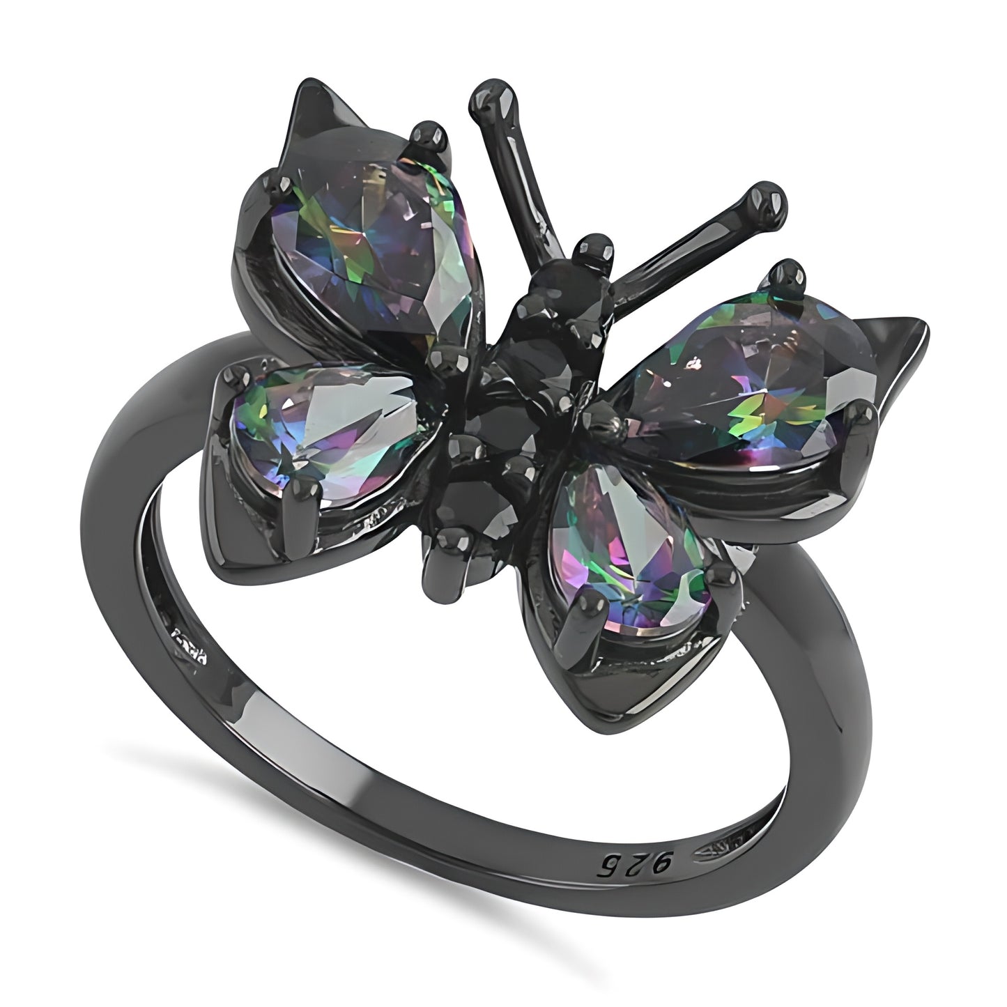 Sterling Silver Black Rhodium Large Rainbow CZ Butterfly Ring for Women, Cubic Zirconia, Promise Ring Gift
