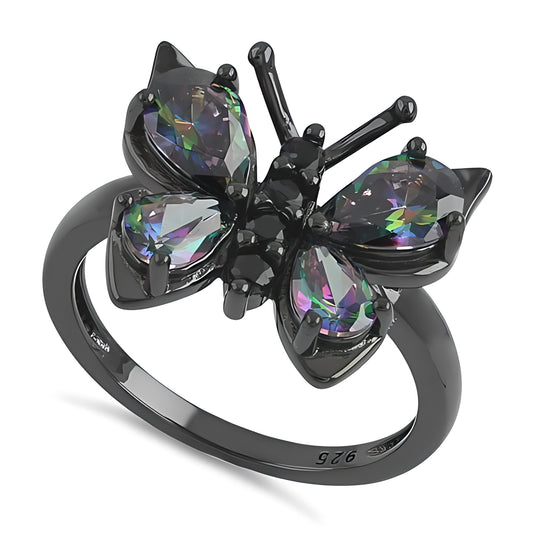 Sterling Silver Black Rhodium Large Rainbow CZ Butterfly Ring for Women, Cubic Zirconia, Promise Ring Gift