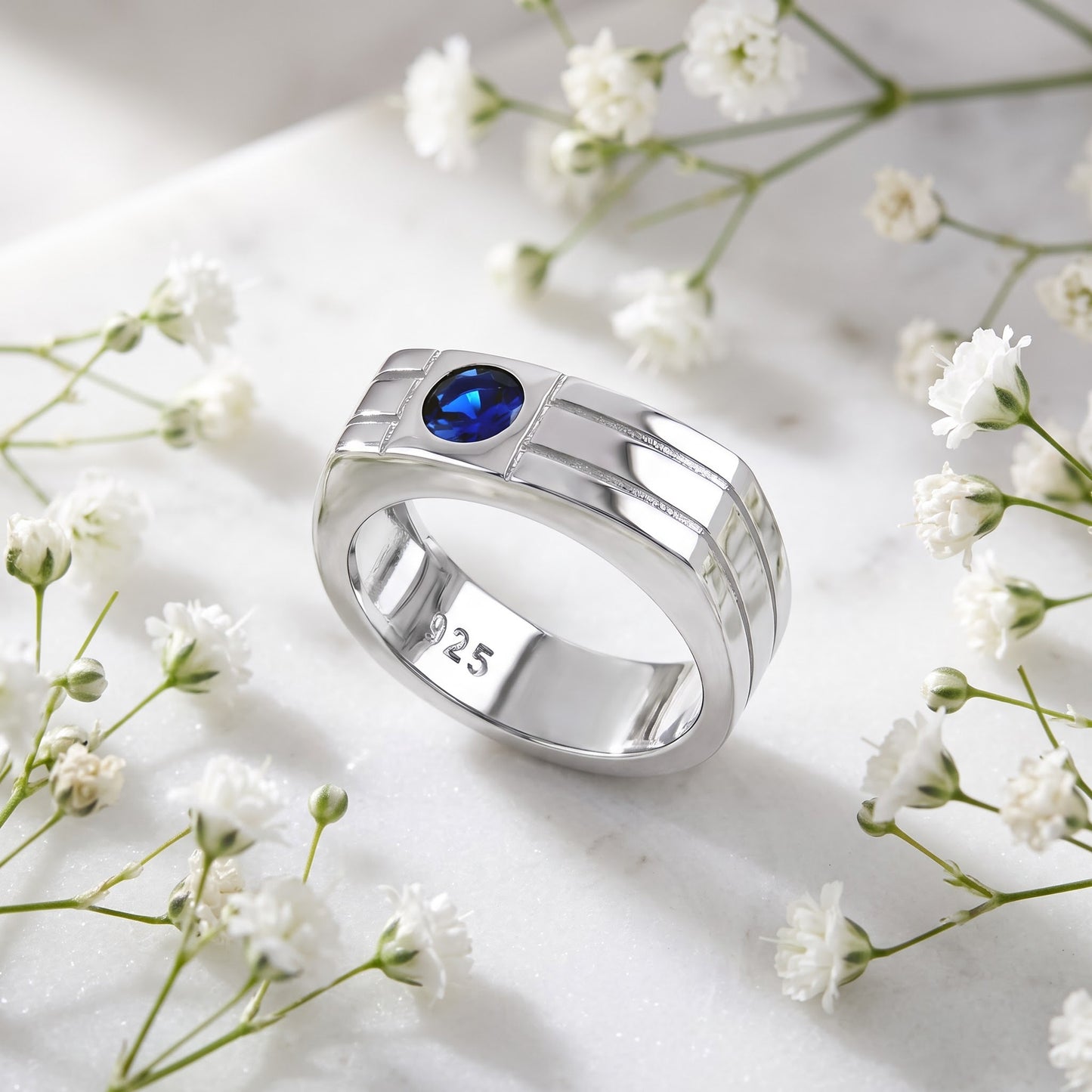Sterling Silver Men's Offset Round Cut Blue CZ Ring for Women, Round Cubic Zirconia, Promise Ring Gift view 1